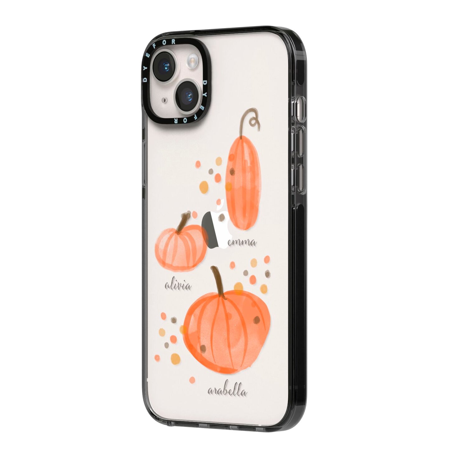 Three Pumpkins Personalised iPhone 14 Plus Black Impact Case Side Angle on Silver phone
