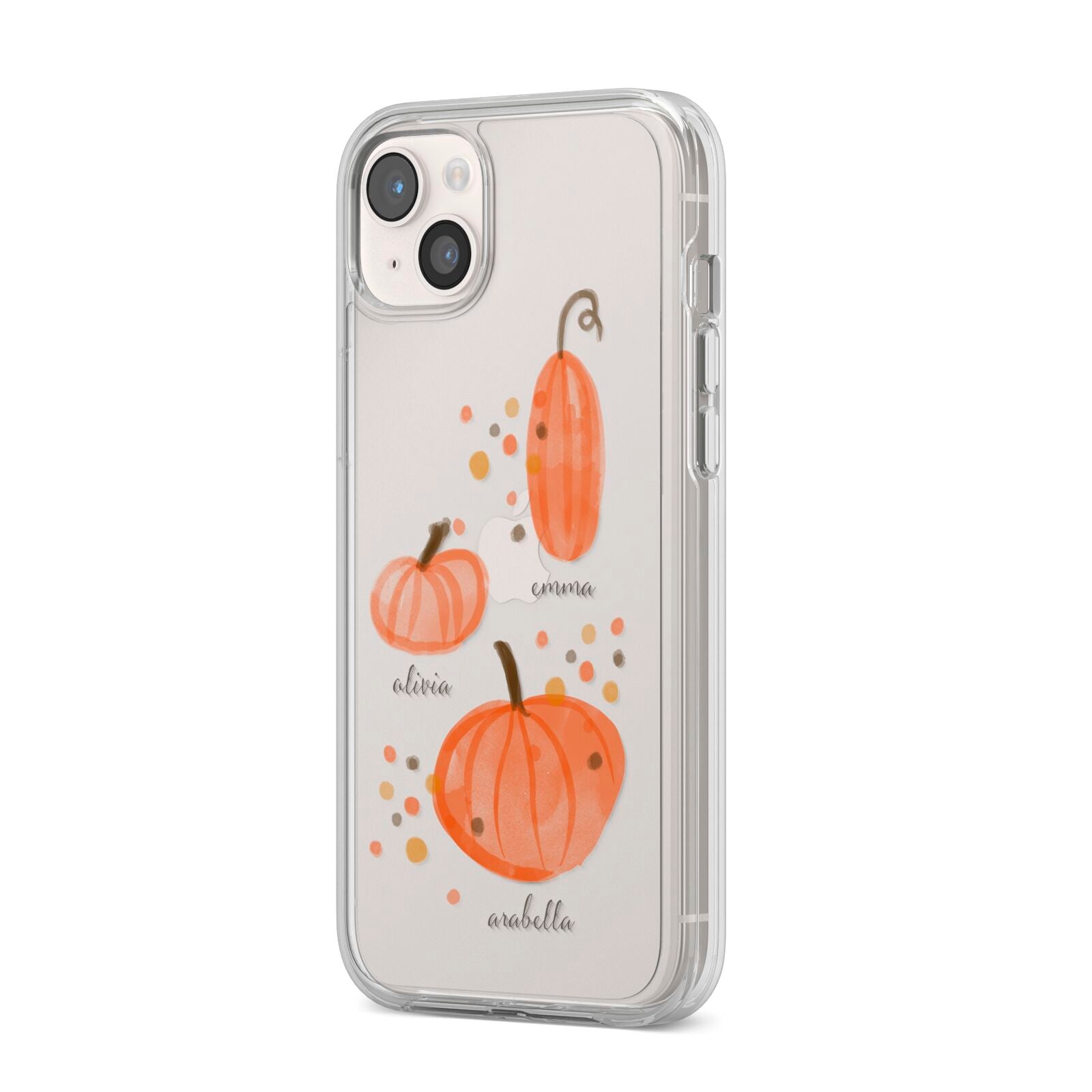 Three Pumpkins Personalised iPhone 14 Plus Clear Tough Case Starlight Angled Image