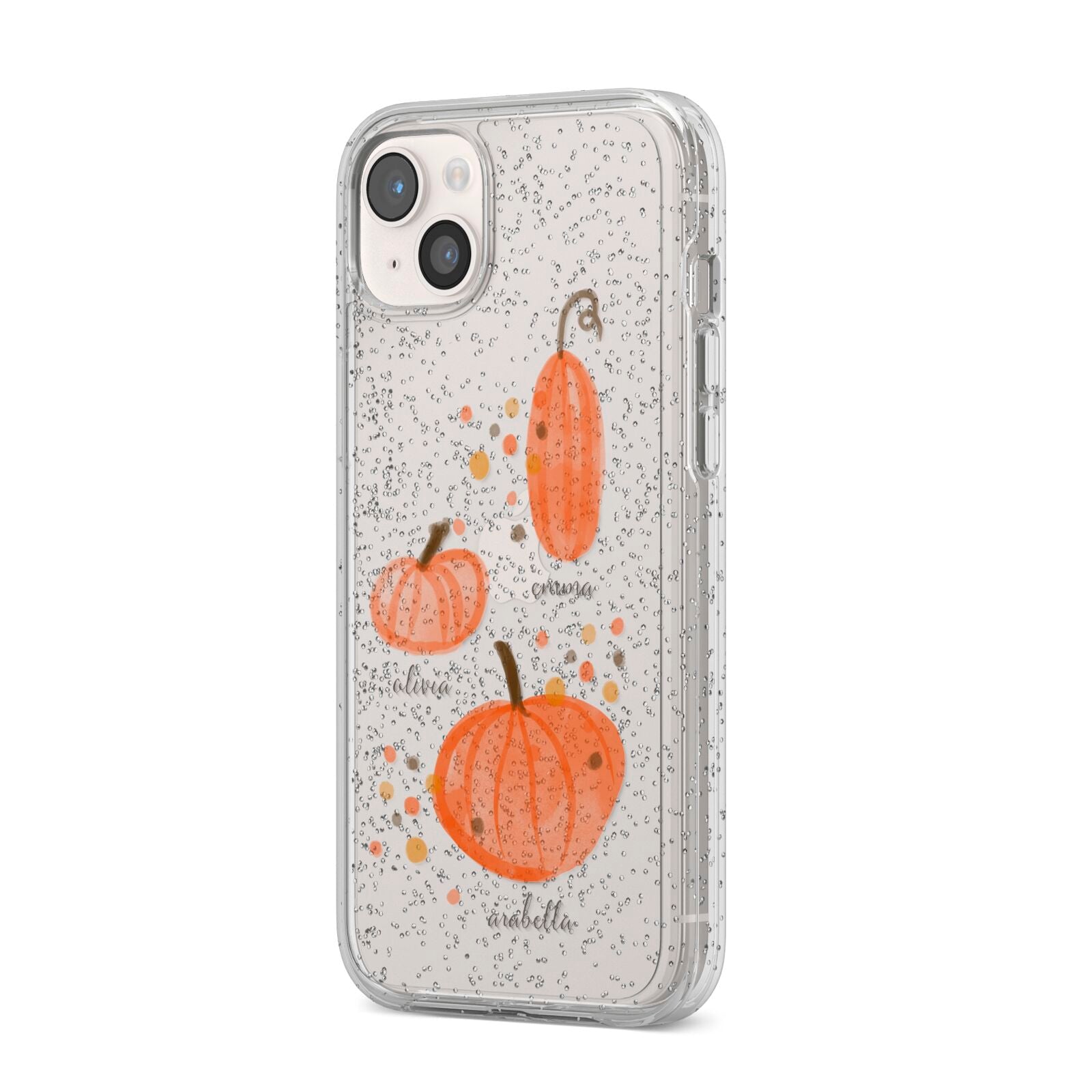 Three Pumpkins Personalised iPhone 14 Plus Glitter Tough Case Starlight Angled Image