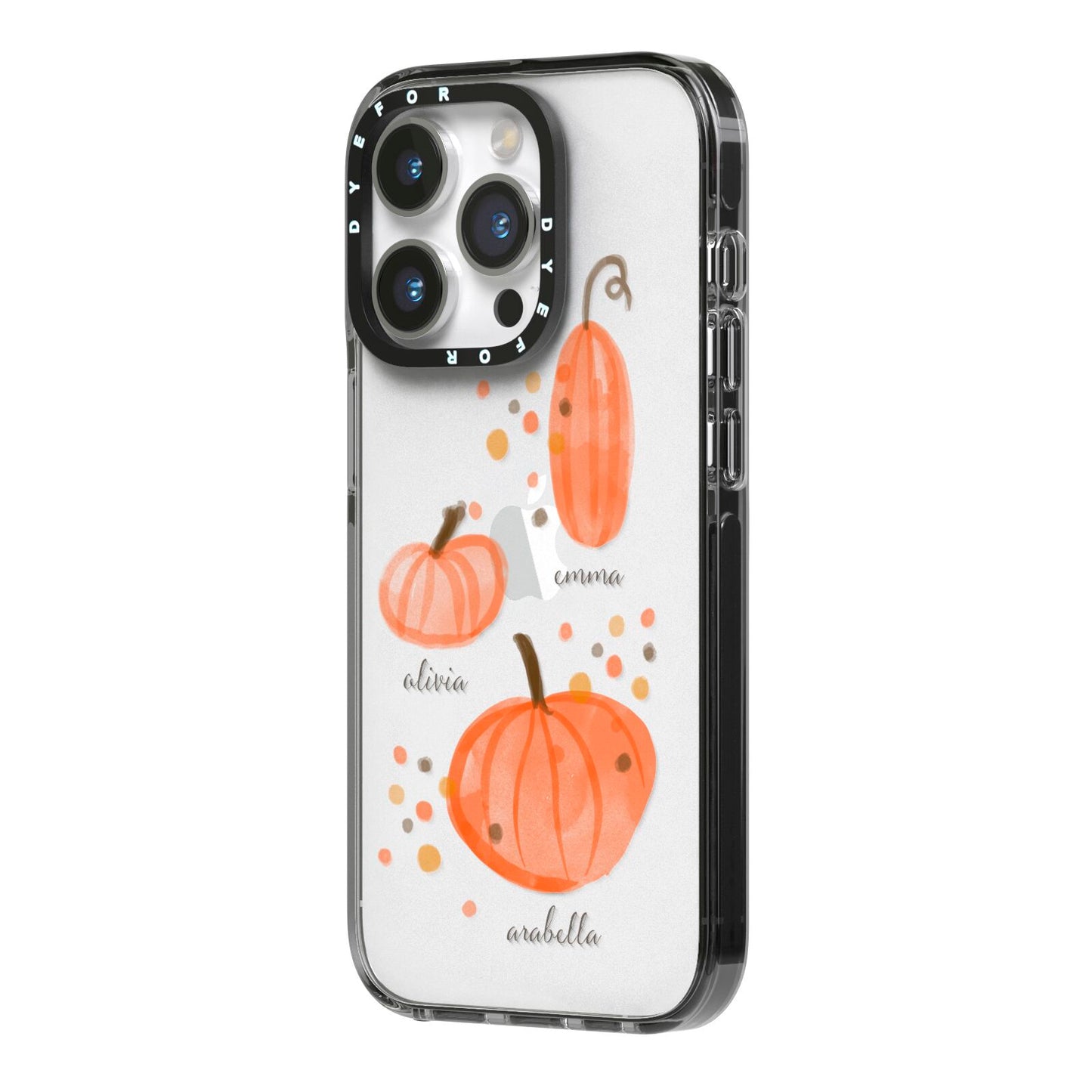 Three Pumpkins Personalised iPhone 14 Pro Black Impact Case Side Angle on Silver phone