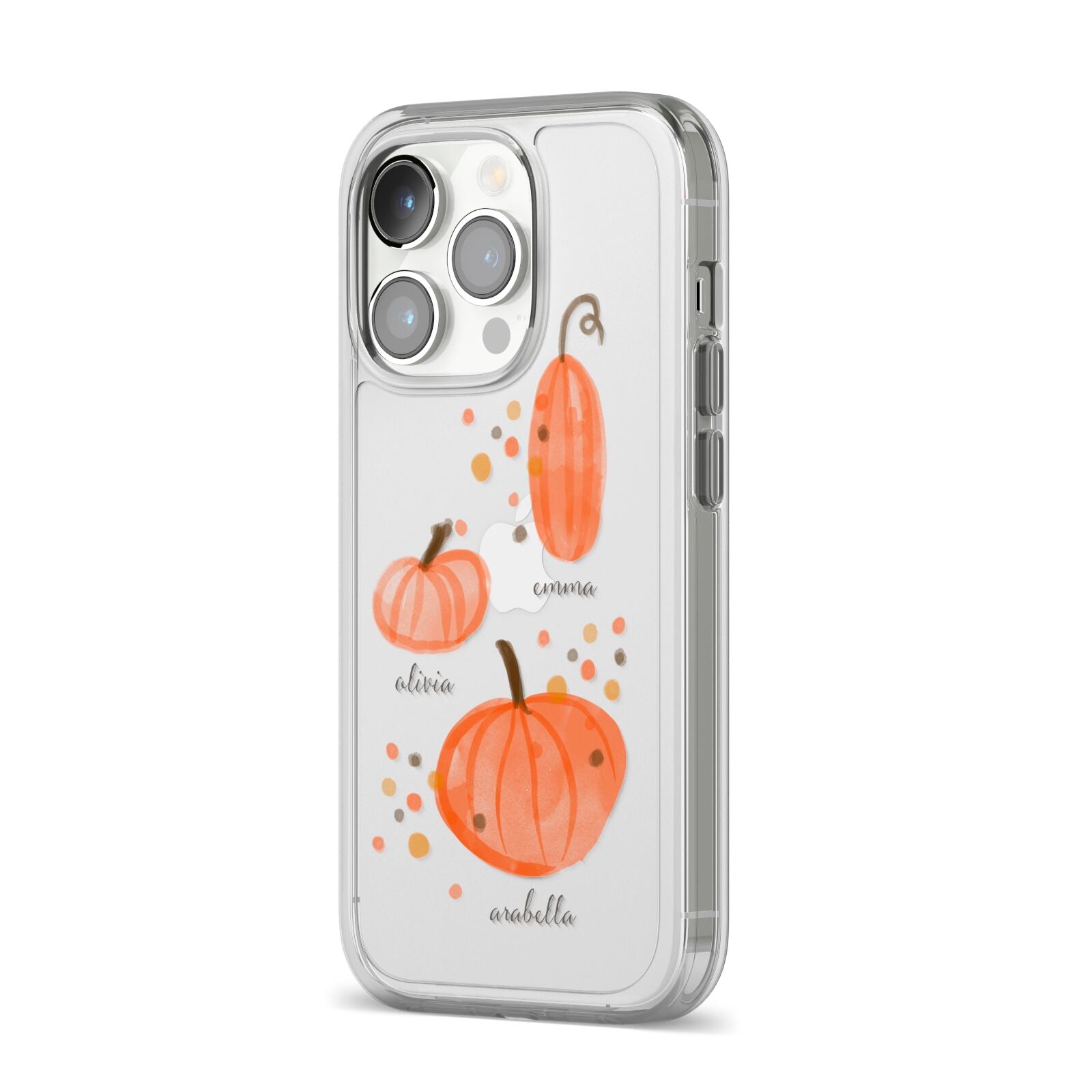 Three Pumpkins Personalised iPhone 14 Pro Clear Tough Case Silver Angled Image