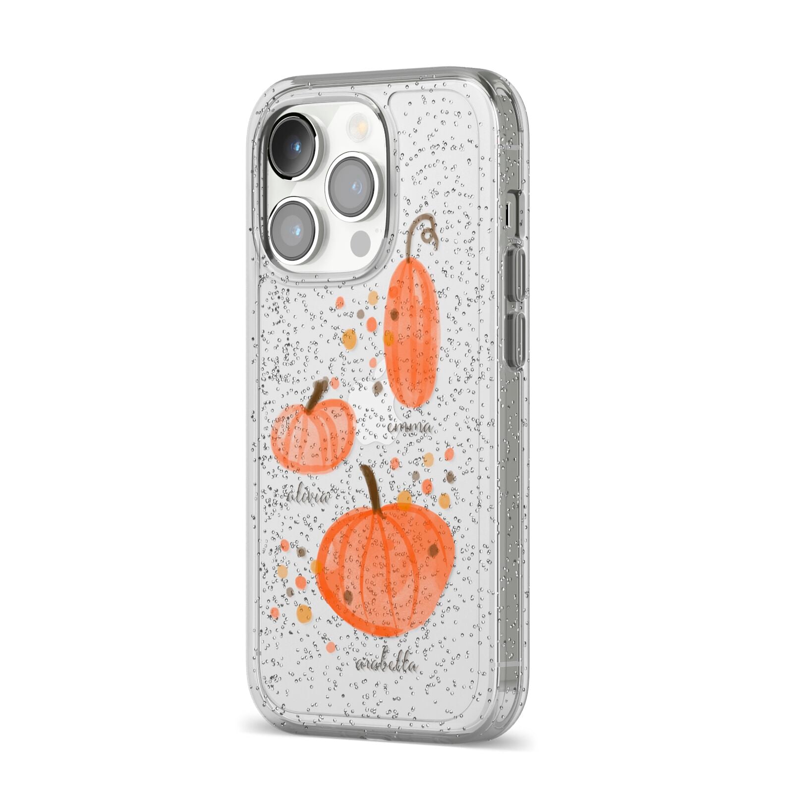 Three Pumpkins Personalised iPhone 14 Pro Glitter Tough Case Silver Angled Image
