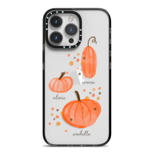 Three Pumpkins Personalised iPhone 14 Pro Max Black Impact Case on Silver phone