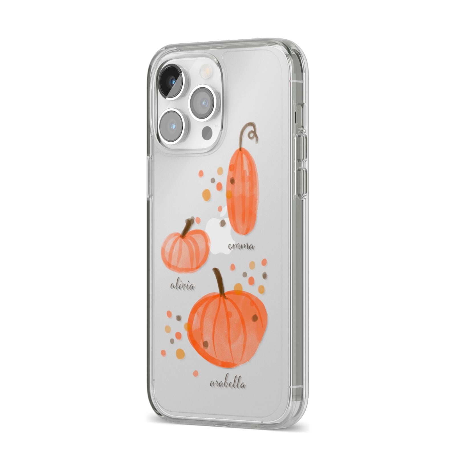Three Pumpkins Personalised iPhone 14 Pro Max Clear Tough Case Silver Angled Image