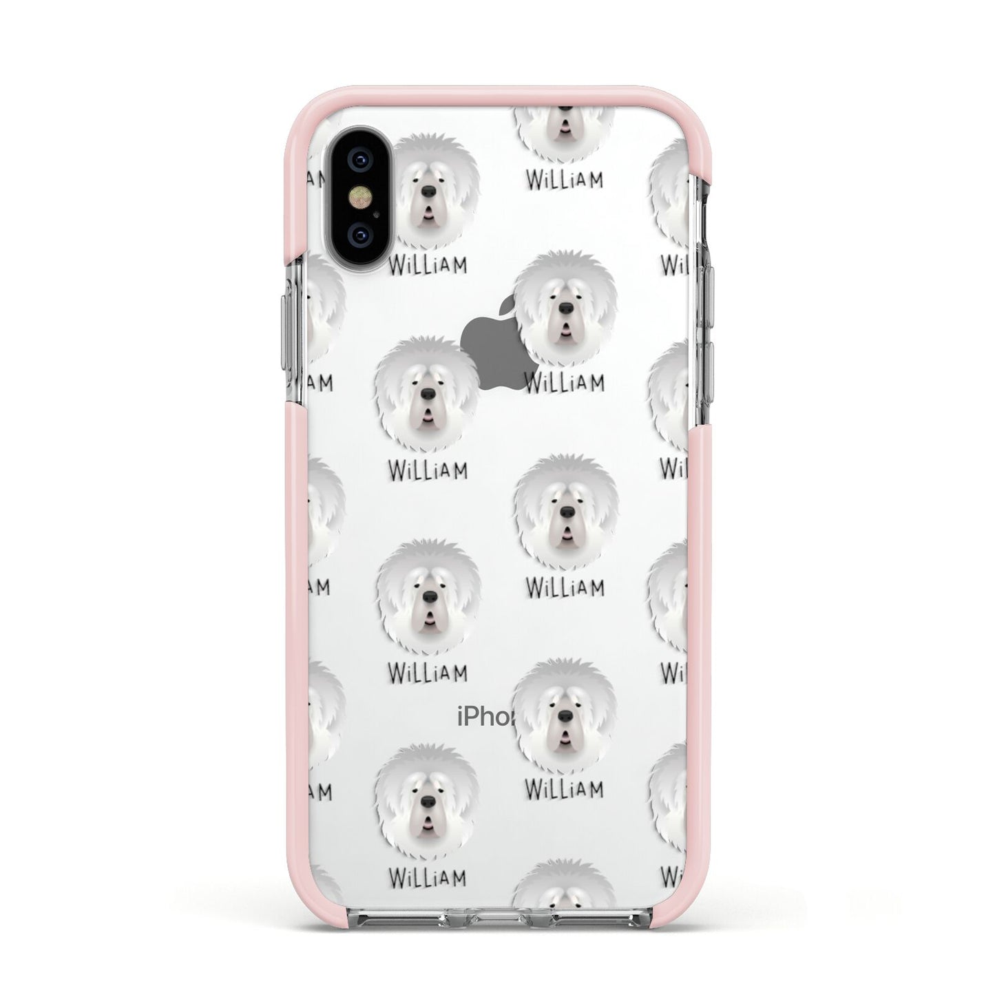 Tibetan Mastiff Icon with Name Apple iPhone Xs Impact Case Pink Edge on Silver Phone