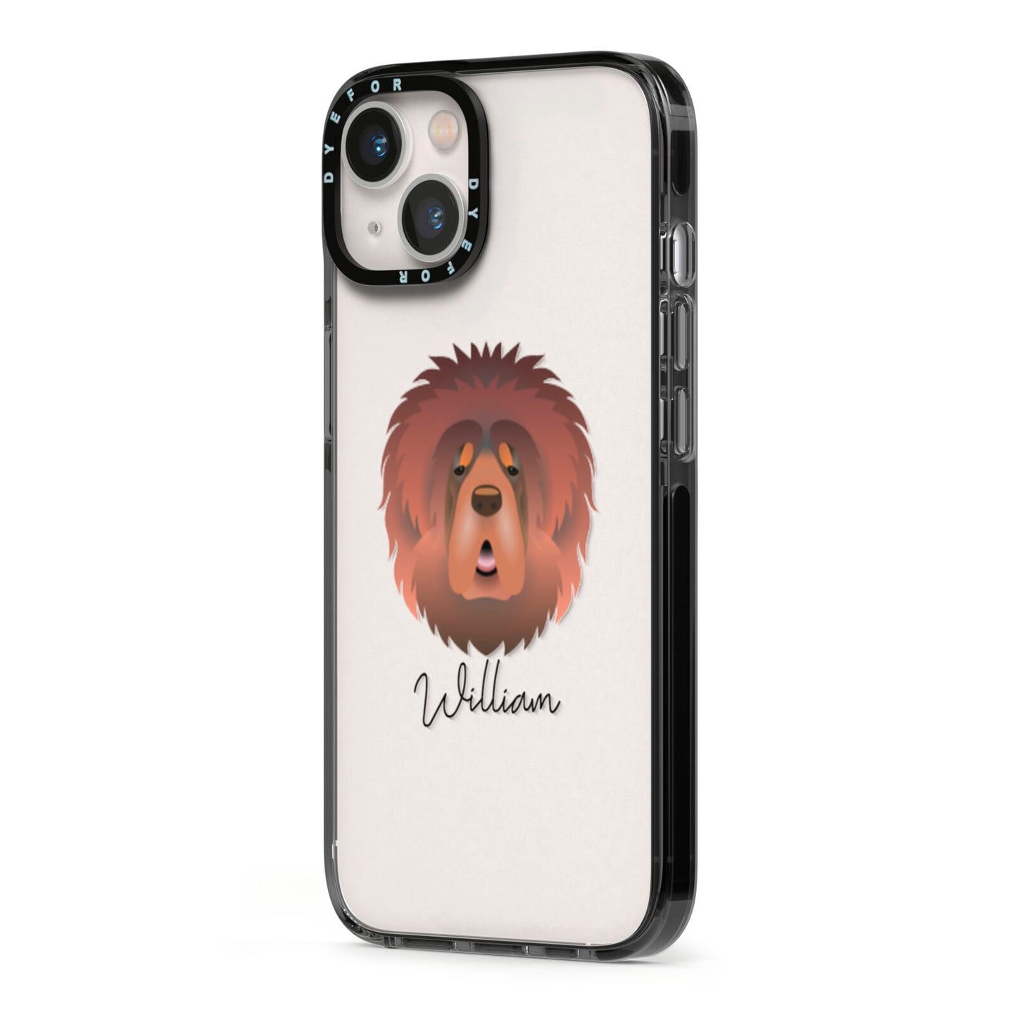 Tibetan Mastiff Personalised iPhone 13 Black Impact Case Side Angle on Silver phone