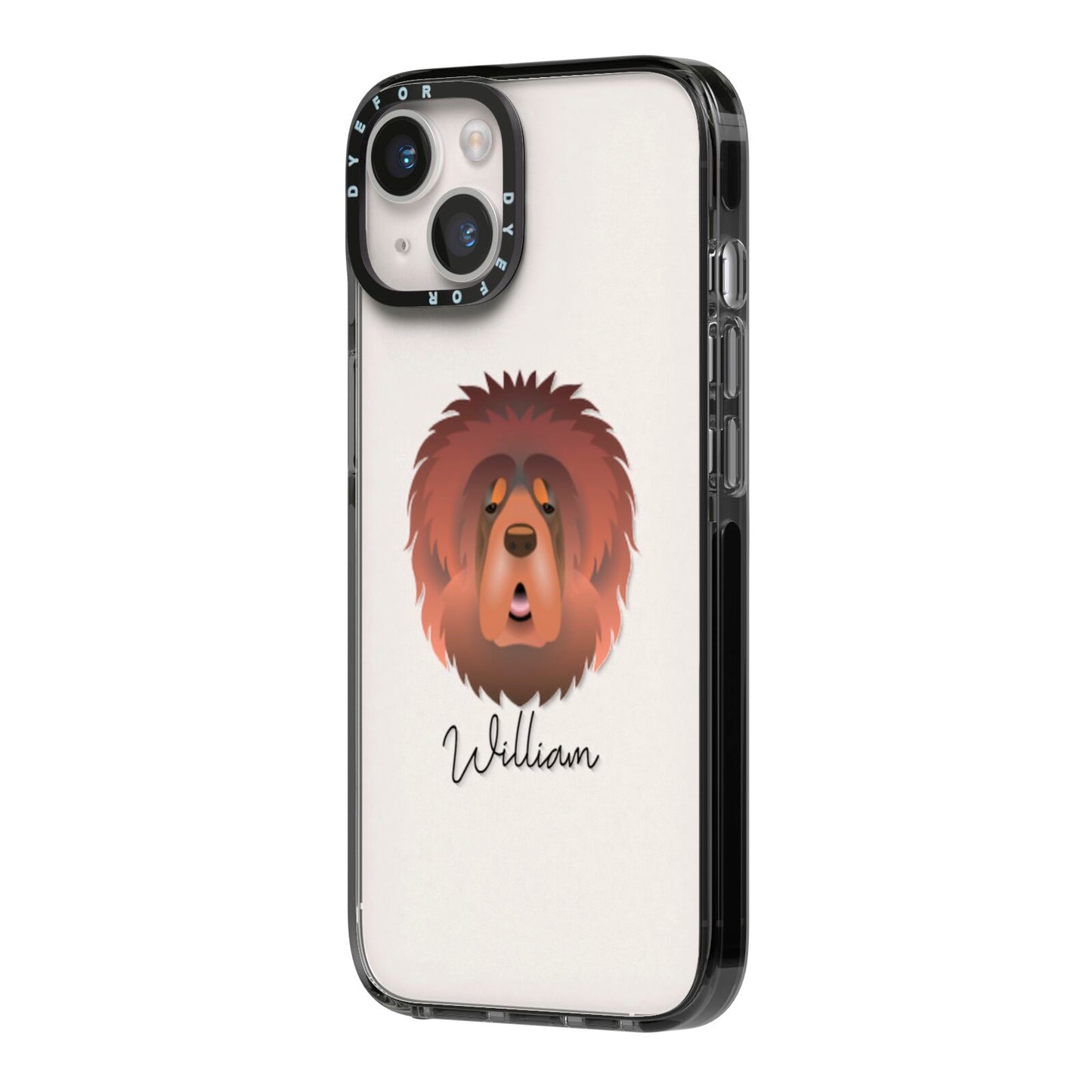 Tibetan Mastiff Personalised iPhone 14 Black Impact Case Side Angle on Silver phone