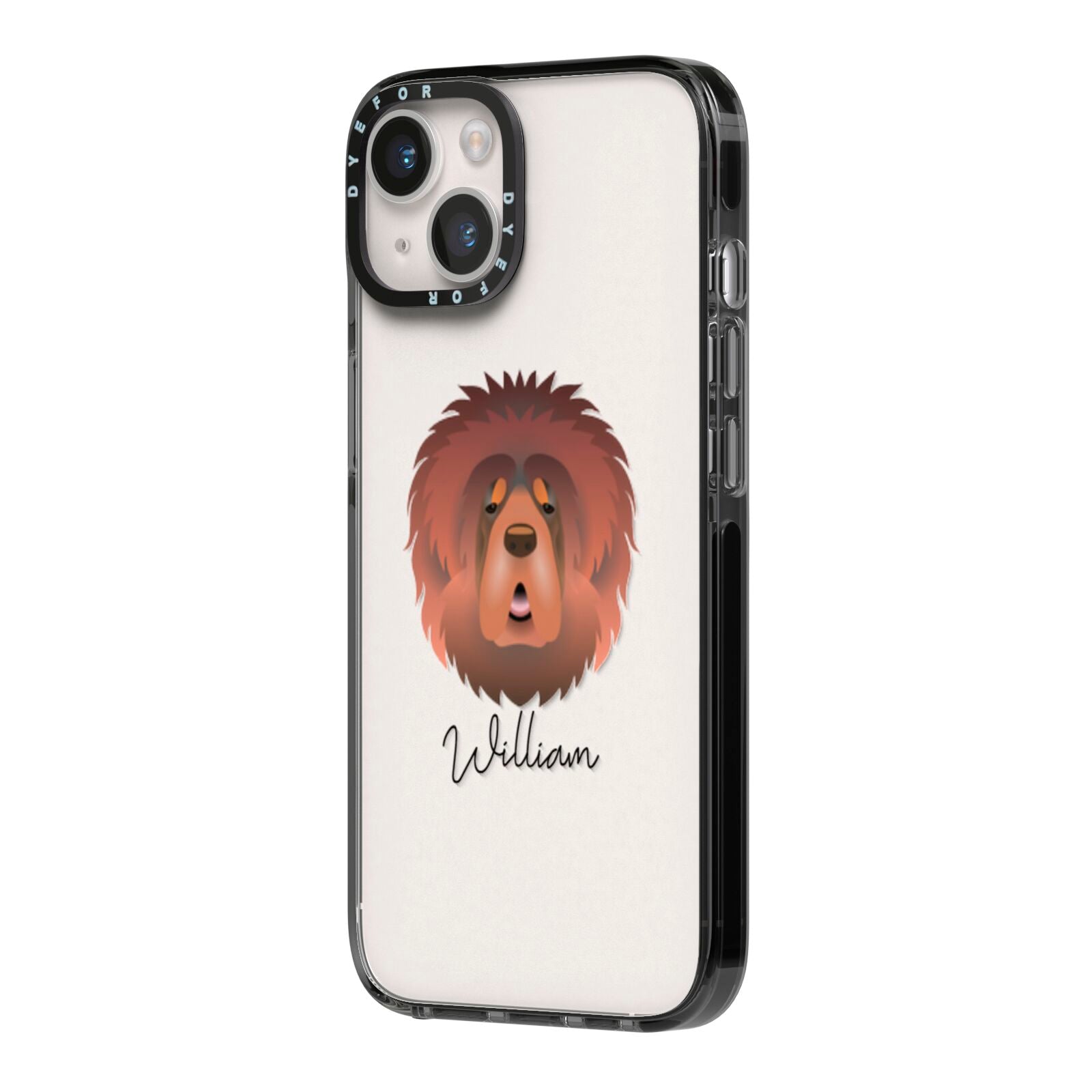 Tibetan Mastiff Personalised iPhone 14 Black Impact Case Side Angle on Silver phone