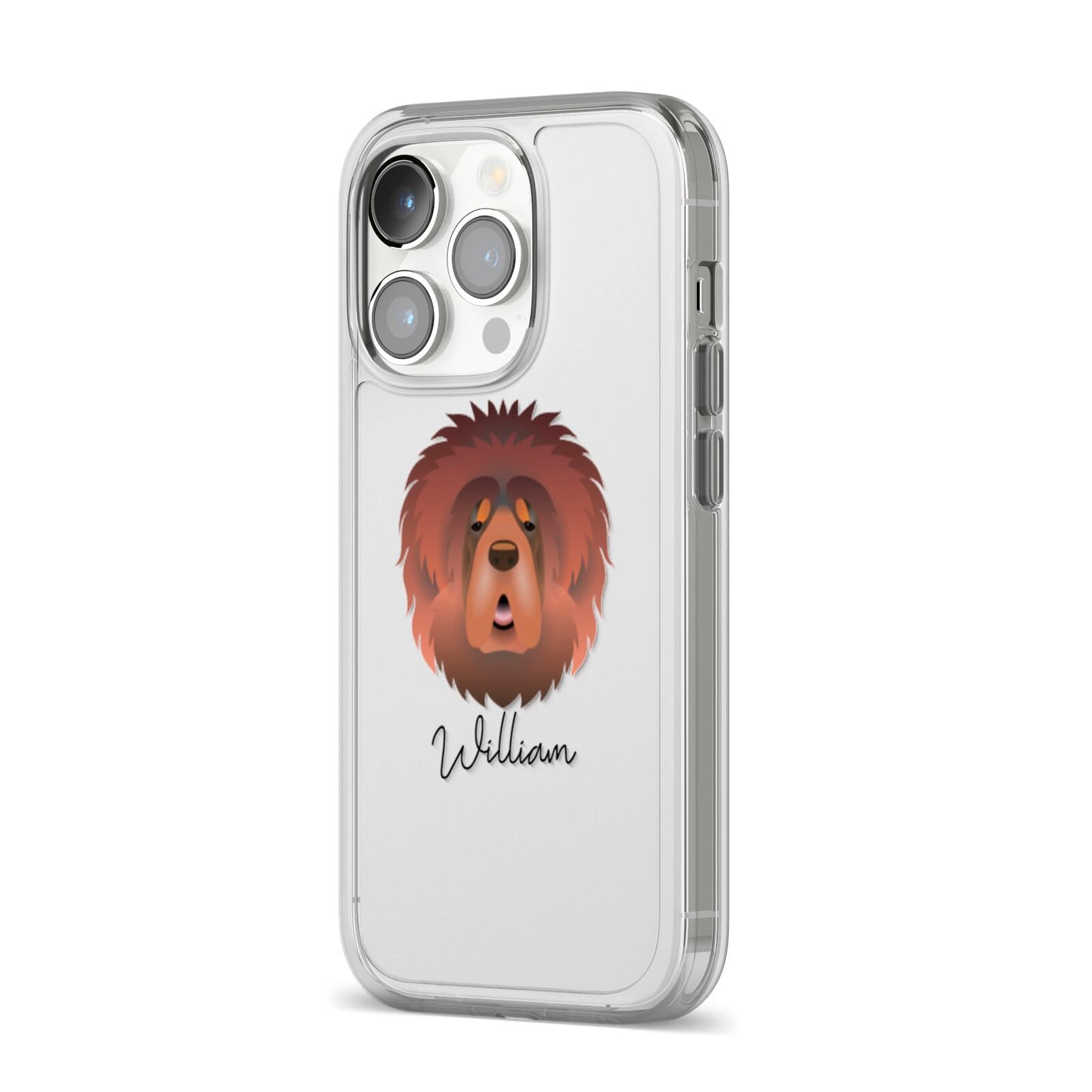 Tibetan Mastiff Personalised iPhone 14 Pro Clear Tough Case Silver Angled Image