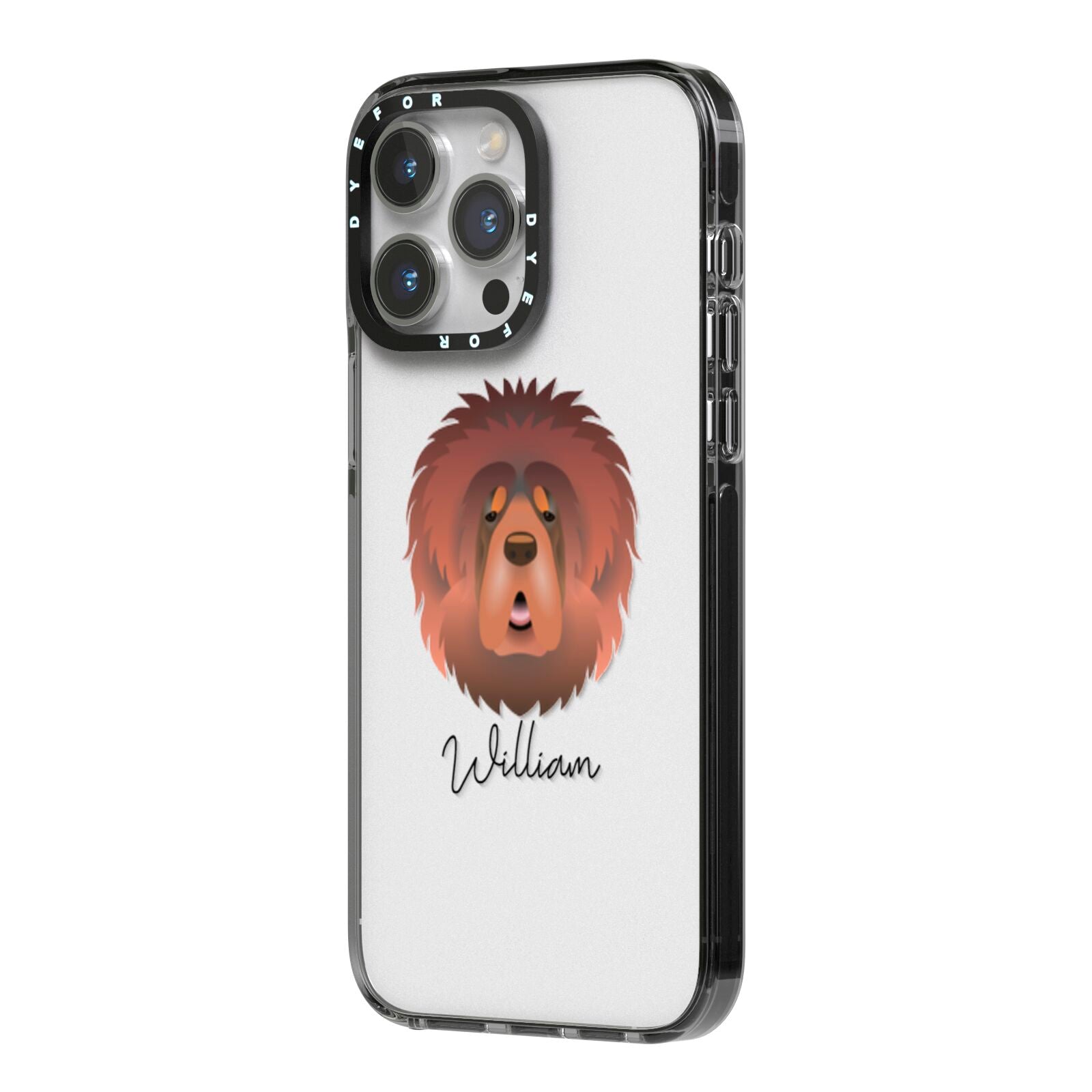 Tibetan Mastiff Personalised iPhone 14 Pro Max Black Impact Case Side Angle on Silver phone