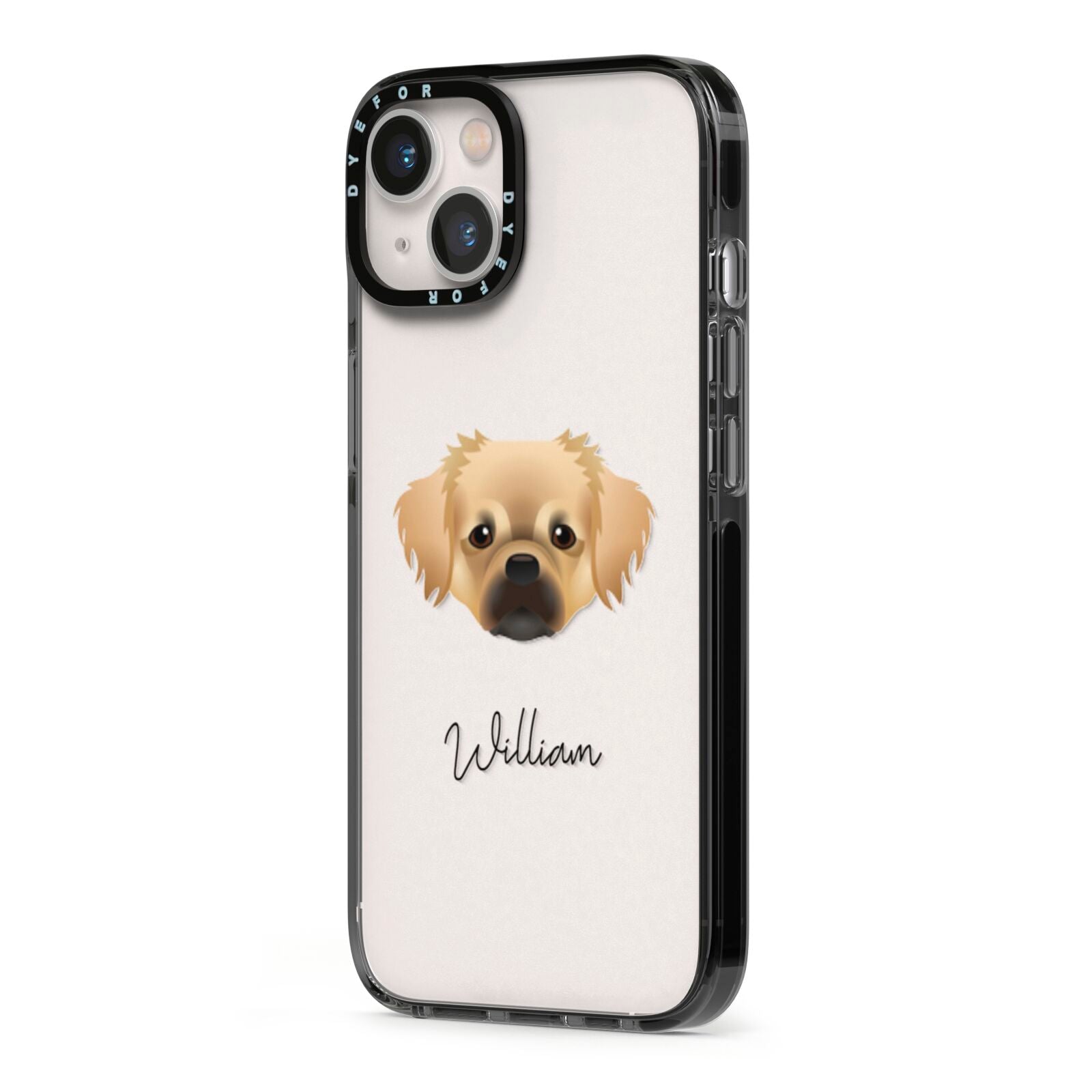 Tibetan Spaniel Personalised iPhone 13 Black Impact Case Side Angle on Silver phone