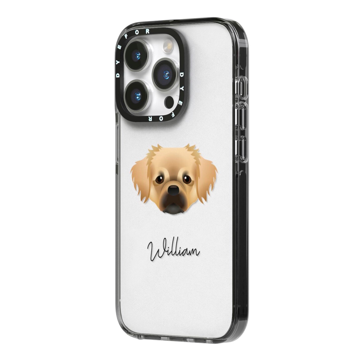 Tibetan Spaniel Personalised iPhone 14 Pro Black Impact Case Side Angle on Silver phone
