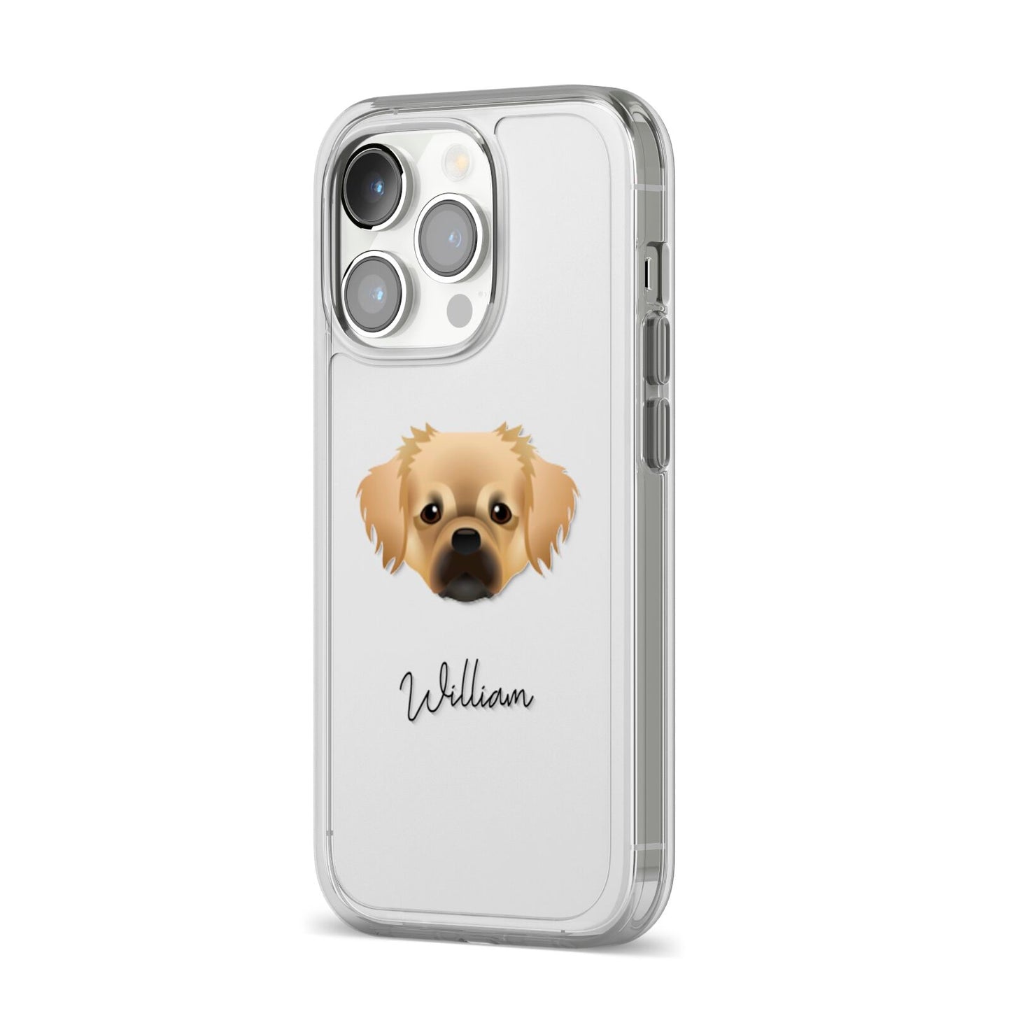 Tibetan Spaniel Personalised iPhone 14 Pro Clear Tough Case Silver Angled Image
