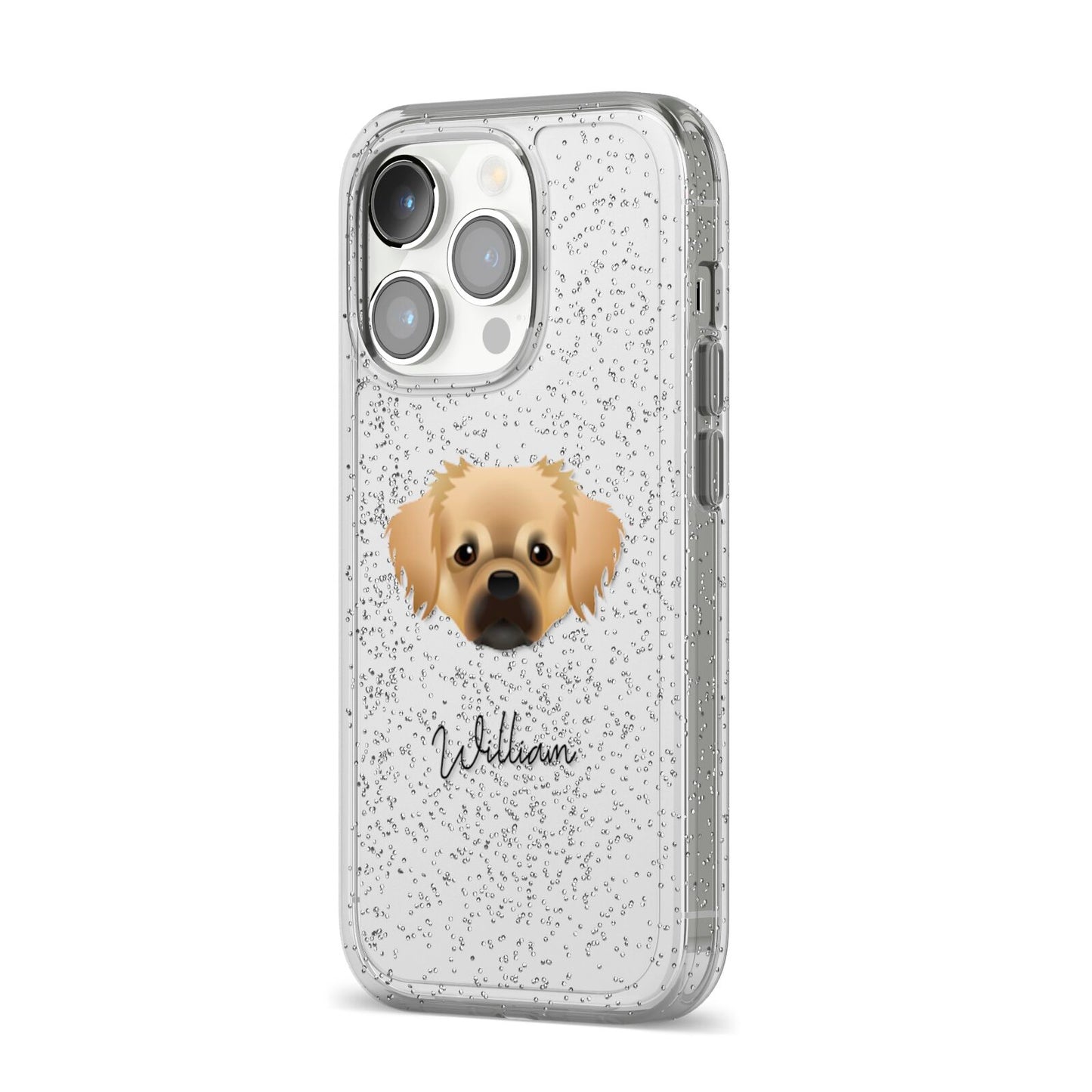 Tibetan Spaniel Personalised iPhone 14 Pro Glitter Tough Case Silver Angled Image