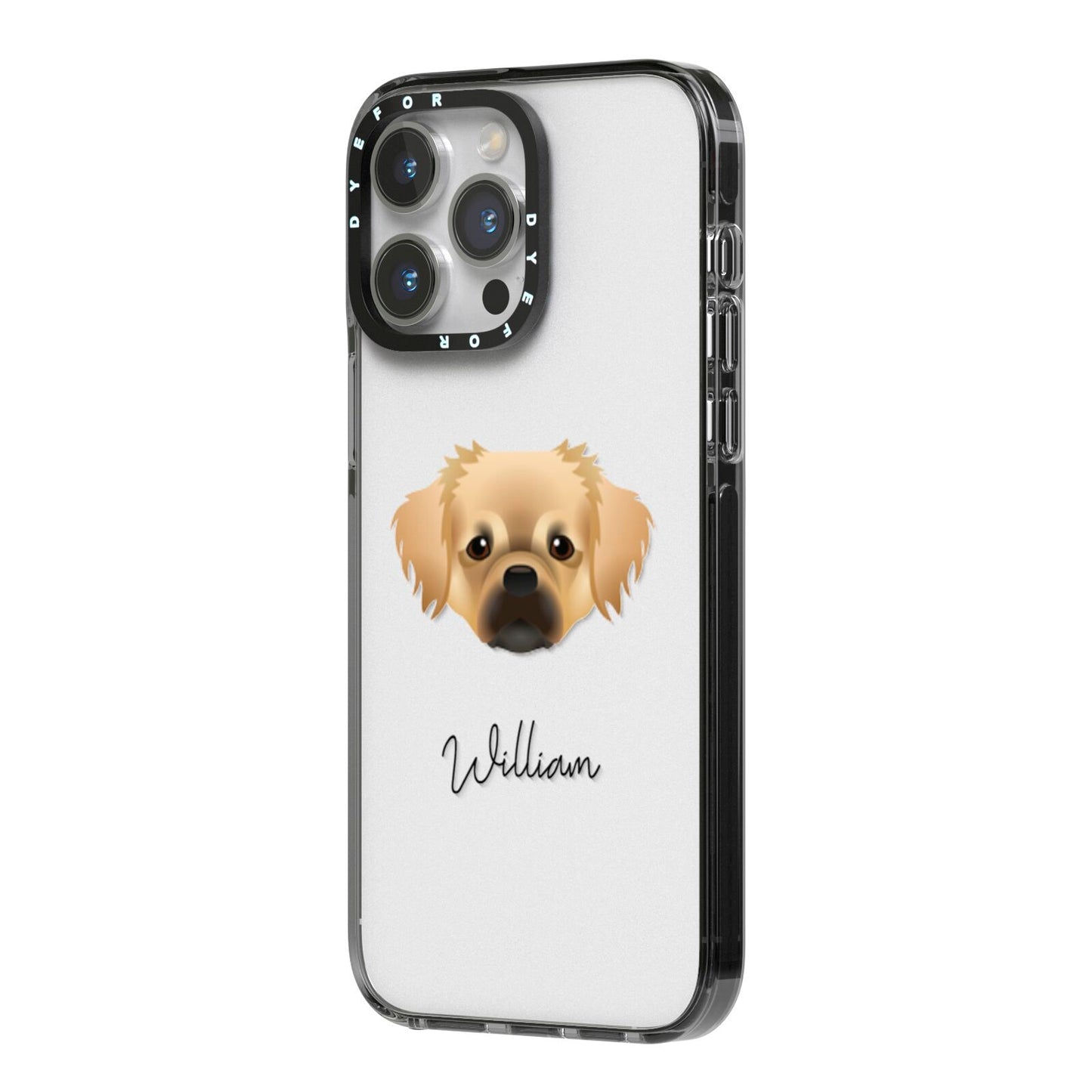Tibetan Spaniel Personalised iPhone 14 Pro Max Black Impact Case Side Angle on Silver phone