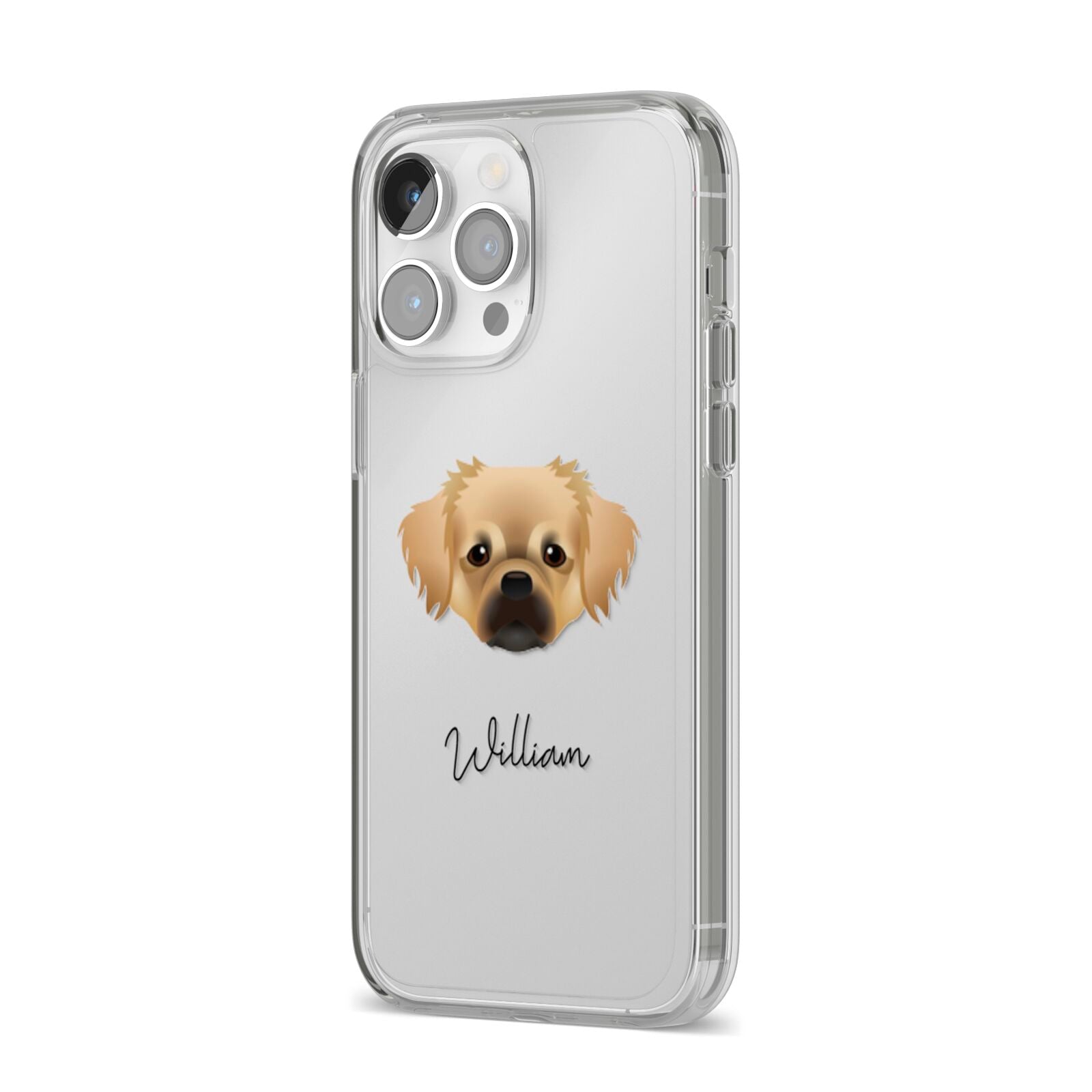 Tibetan Spaniel Personalised iPhone 14 Pro Max Clear Tough Case Silver Angled Image