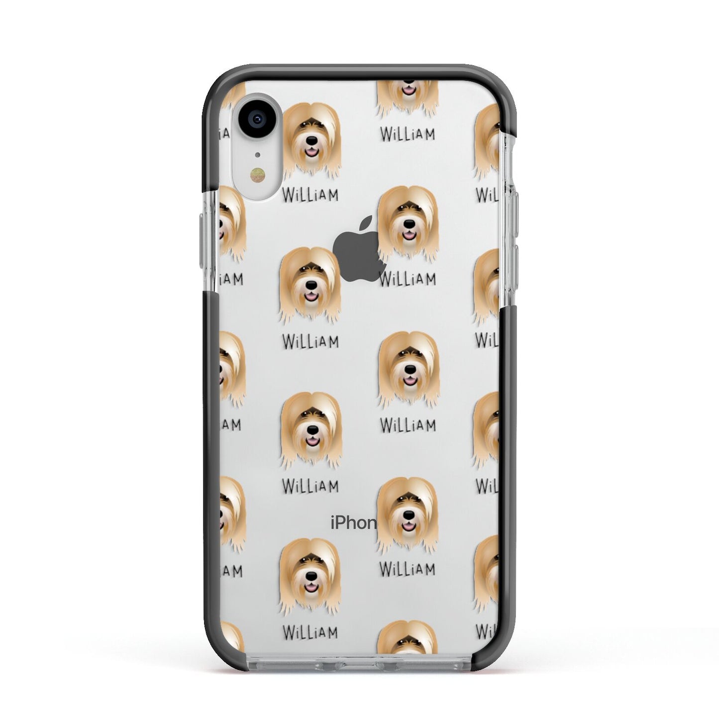 Tibetan Terrier Icon with Name Apple iPhone XR Impact Case Black Edge on Silver Phone