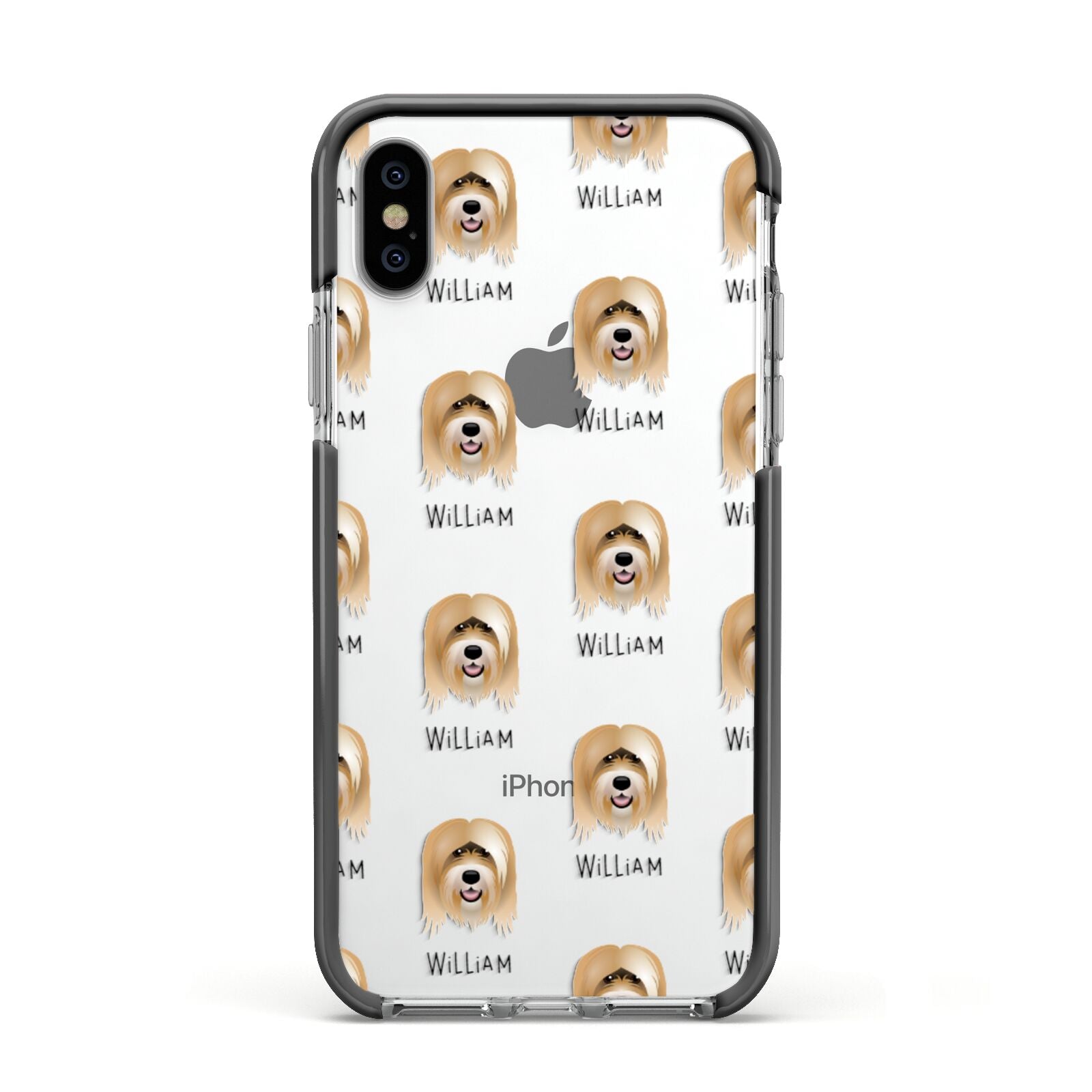 Tibetan Terrier Icon with Name Apple iPhone Xs Impact Case Black Edge on Silver Phone