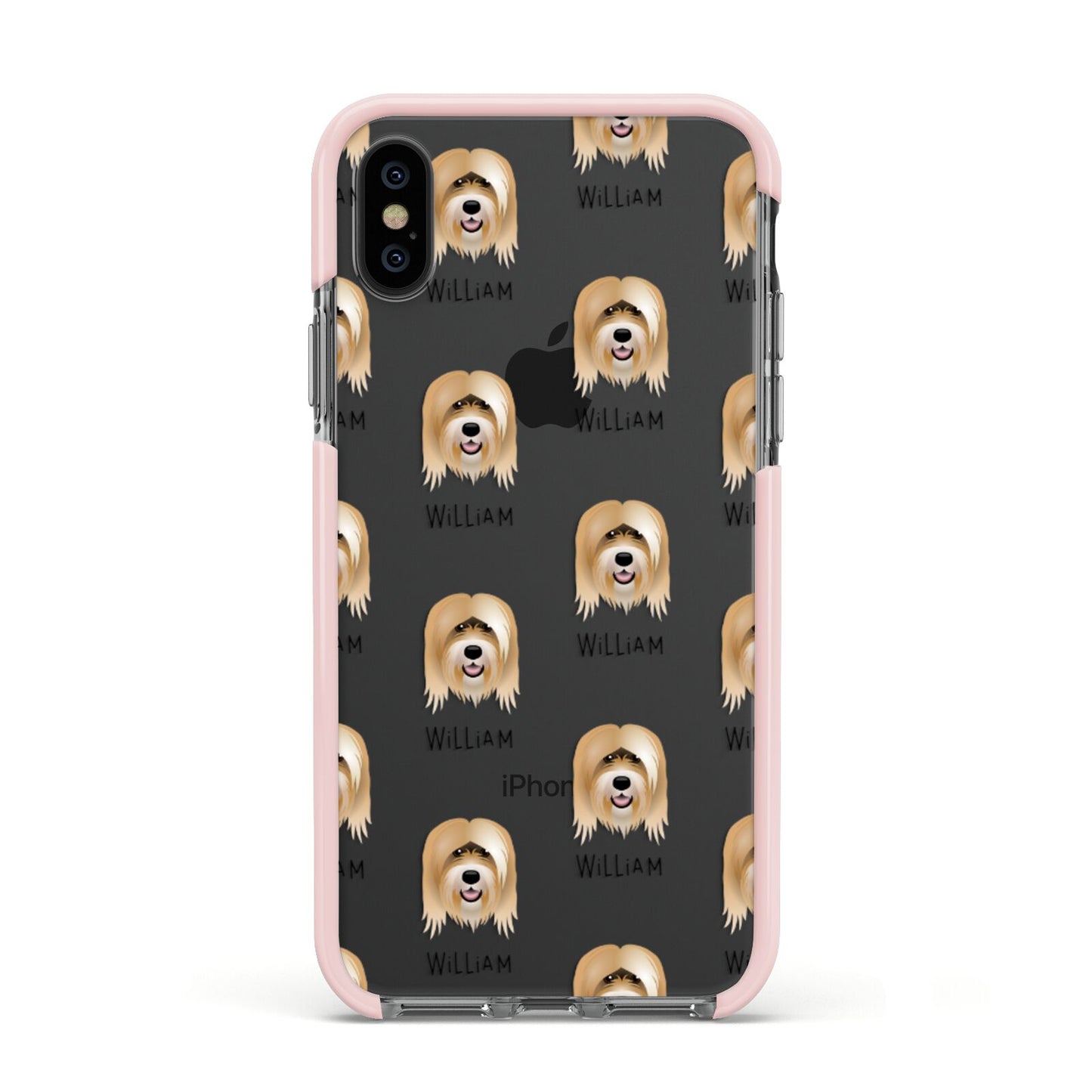 Tibetan Terrier Icon with Name Apple iPhone Xs Impact Case Pink Edge on Black Phone
