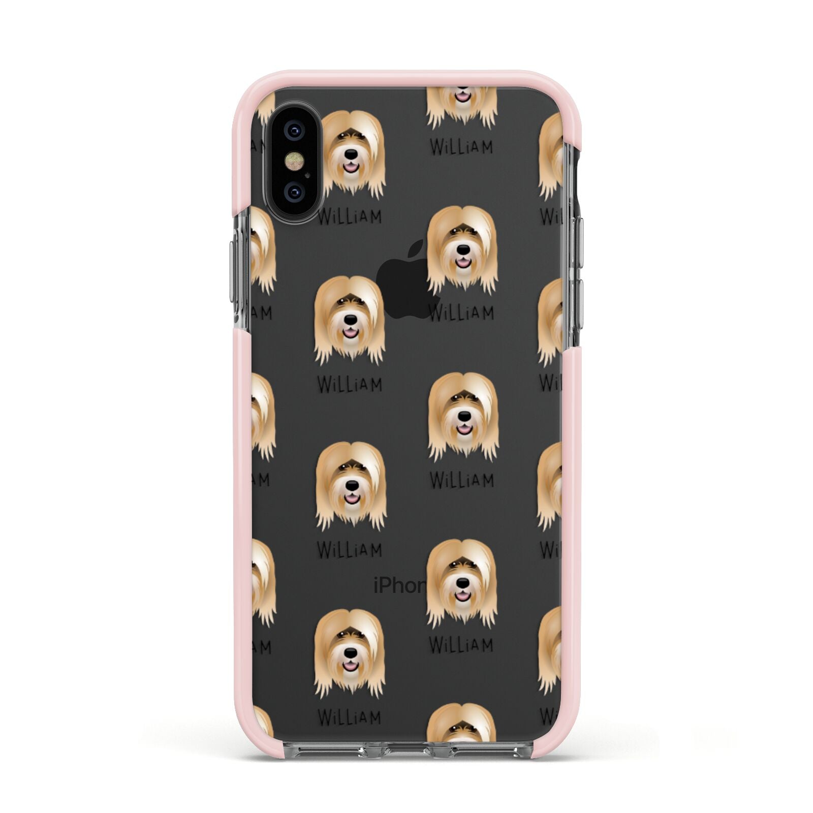 Tibetan Terrier Icon with Name Apple iPhone Xs Impact Case Pink Edge on Black Phone