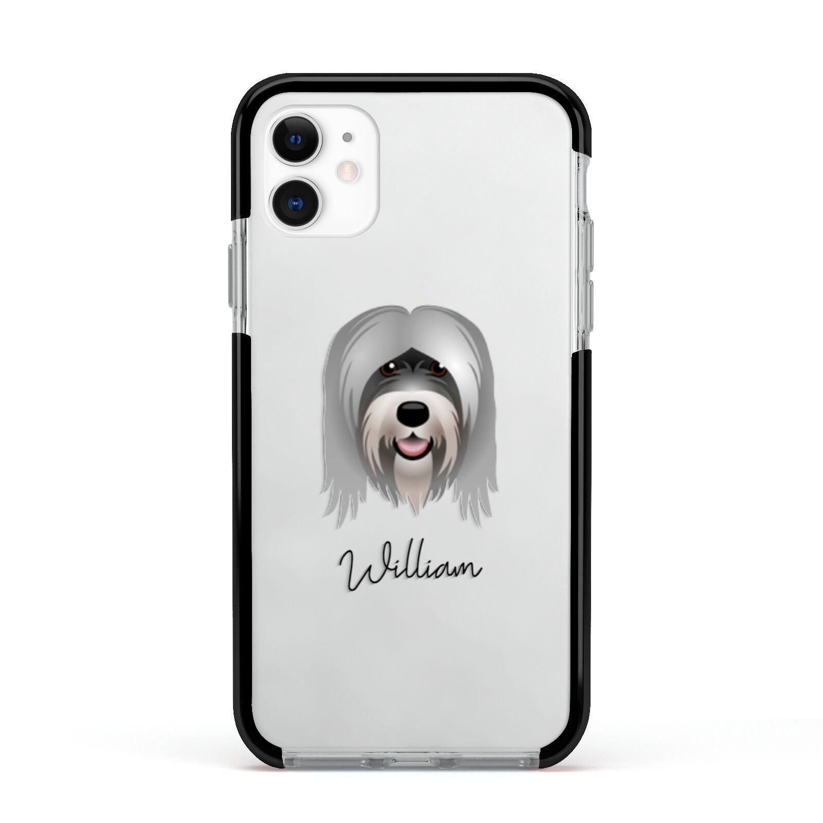 Tibetan Terrier Personalised Apple iPhone 11 in White with Black Impact Case