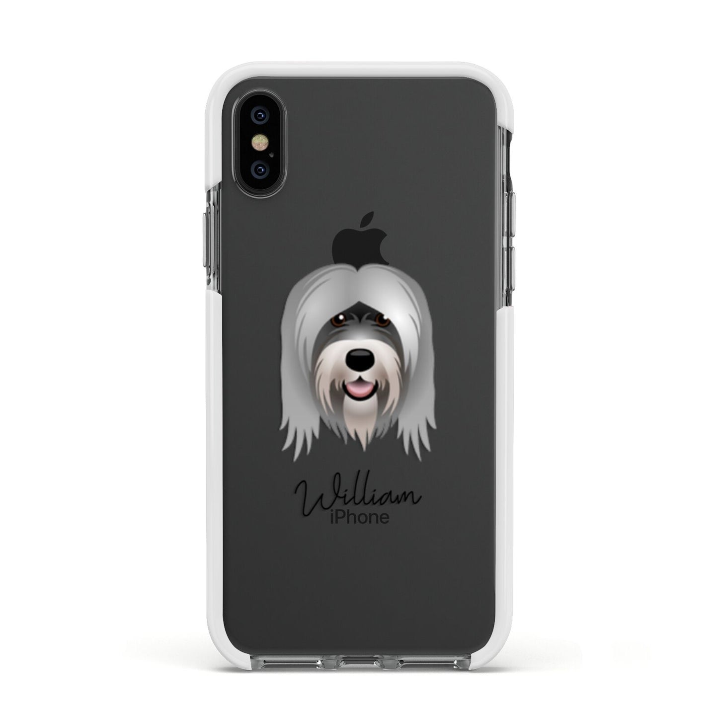Tibetan Terrier Personalised Apple iPhone Xs Impact Case White Edge on Black Phone