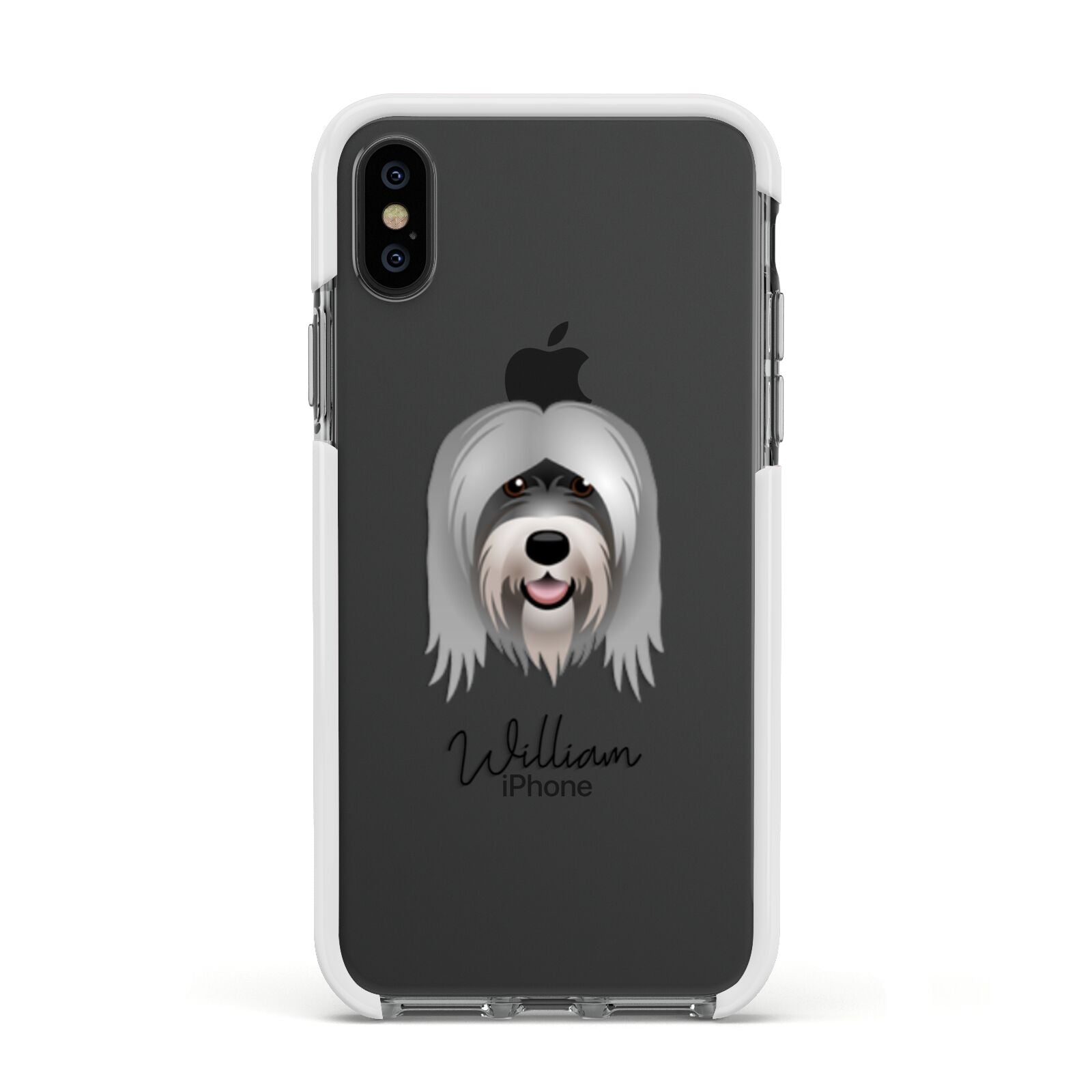 Tibetan Terrier Personalised Apple iPhone Xs Impact Case White Edge on Black Phone