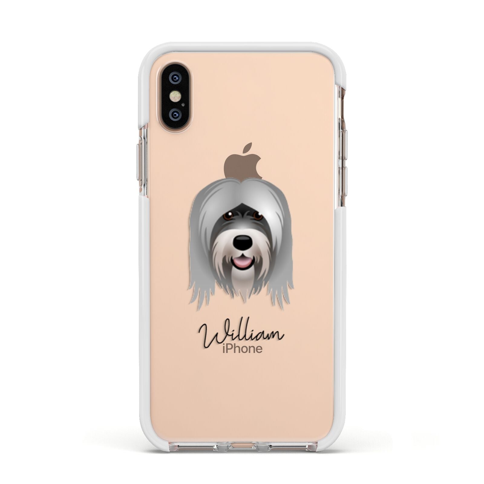 Tibetan Terrier Personalised Apple iPhone Xs Impact Case White Edge on Gold Phone