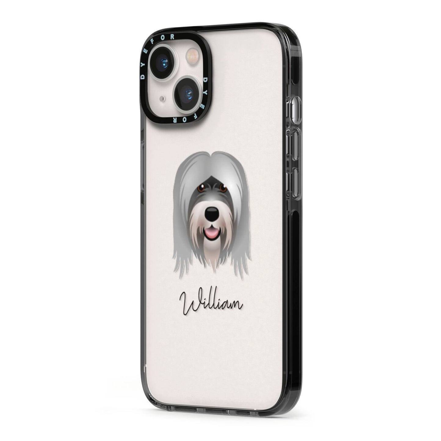 Tibetan Terrier Personalised iPhone 13 Black Impact Case Side Angle on Silver phone