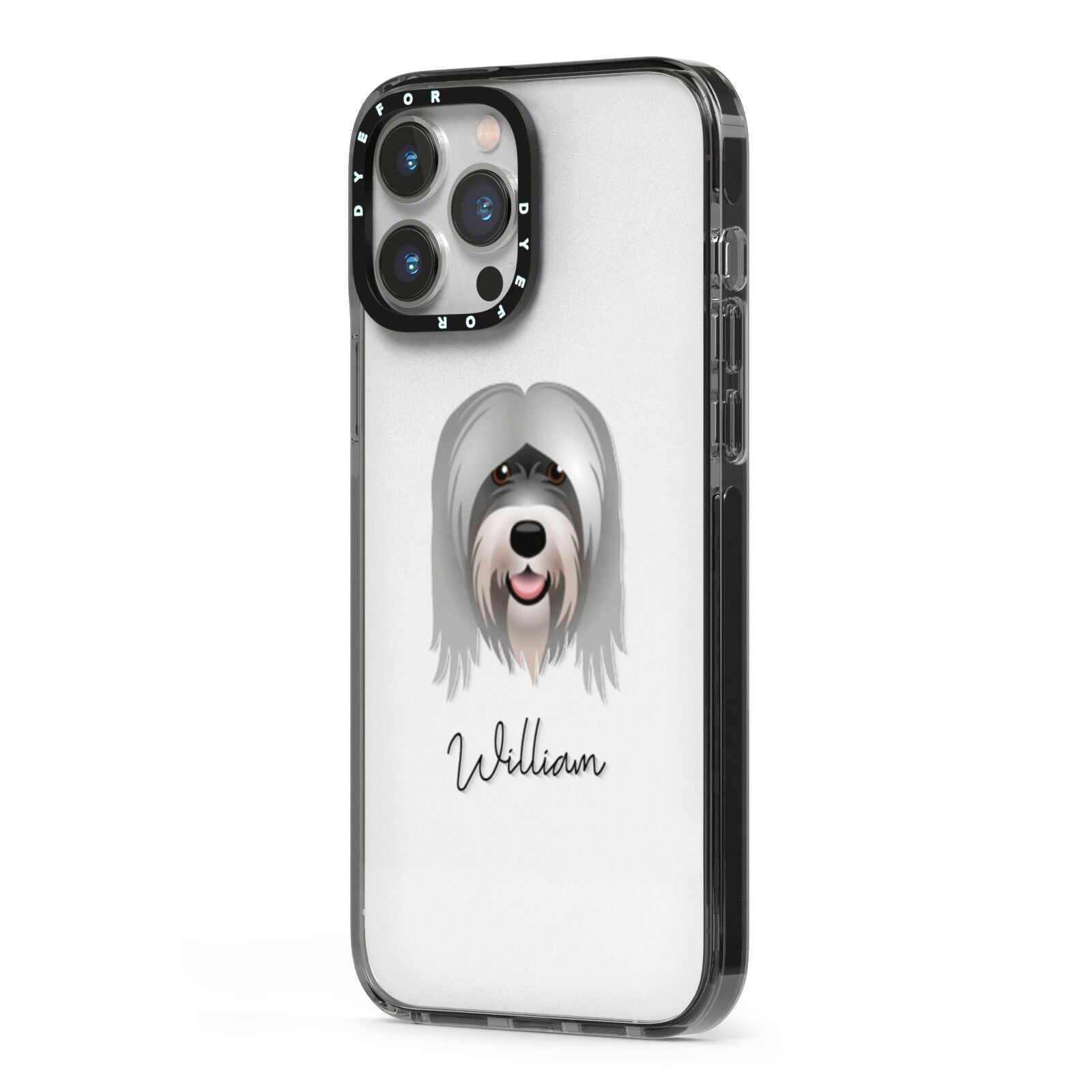 Tibetan Terrier Personalised iPhone 13 Pro Max Black Impact Case Side Angle on Silver phone