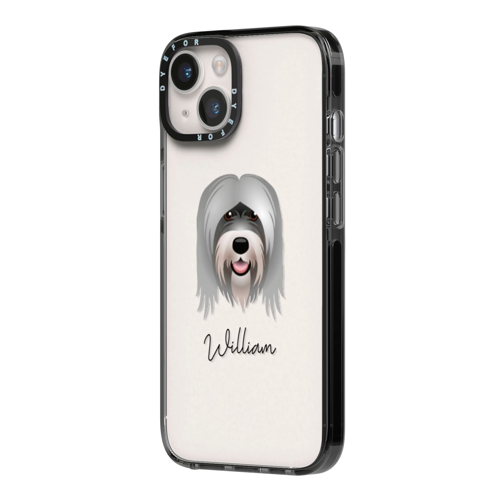 Tibetan Terrier Personalised iPhone 14 Black Impact Case Side Angle on Silver phone