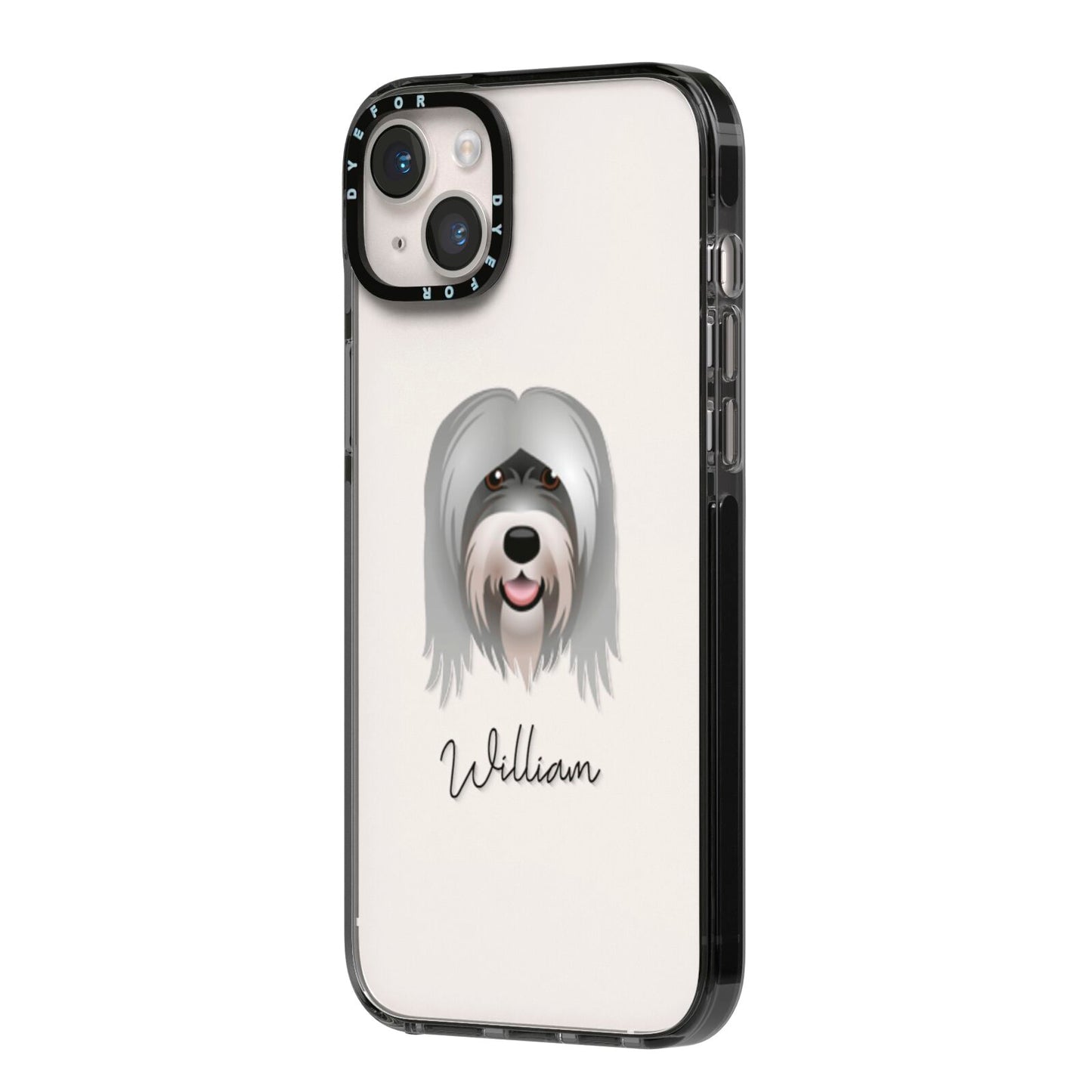 Tibetan Terrier Personalised iPhone 14 Plus Black Impact Case Side Angle on Silver phone