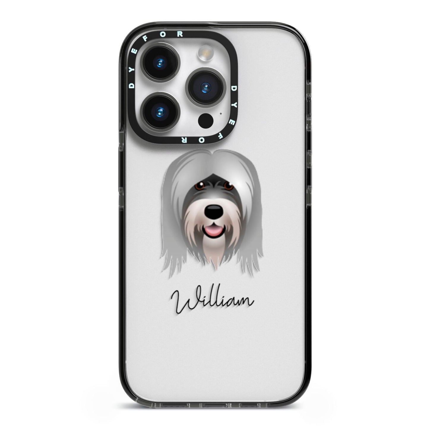 Tibetan Terrier Personalised iPhone 14 Pro Black Impact Case on Silver phone