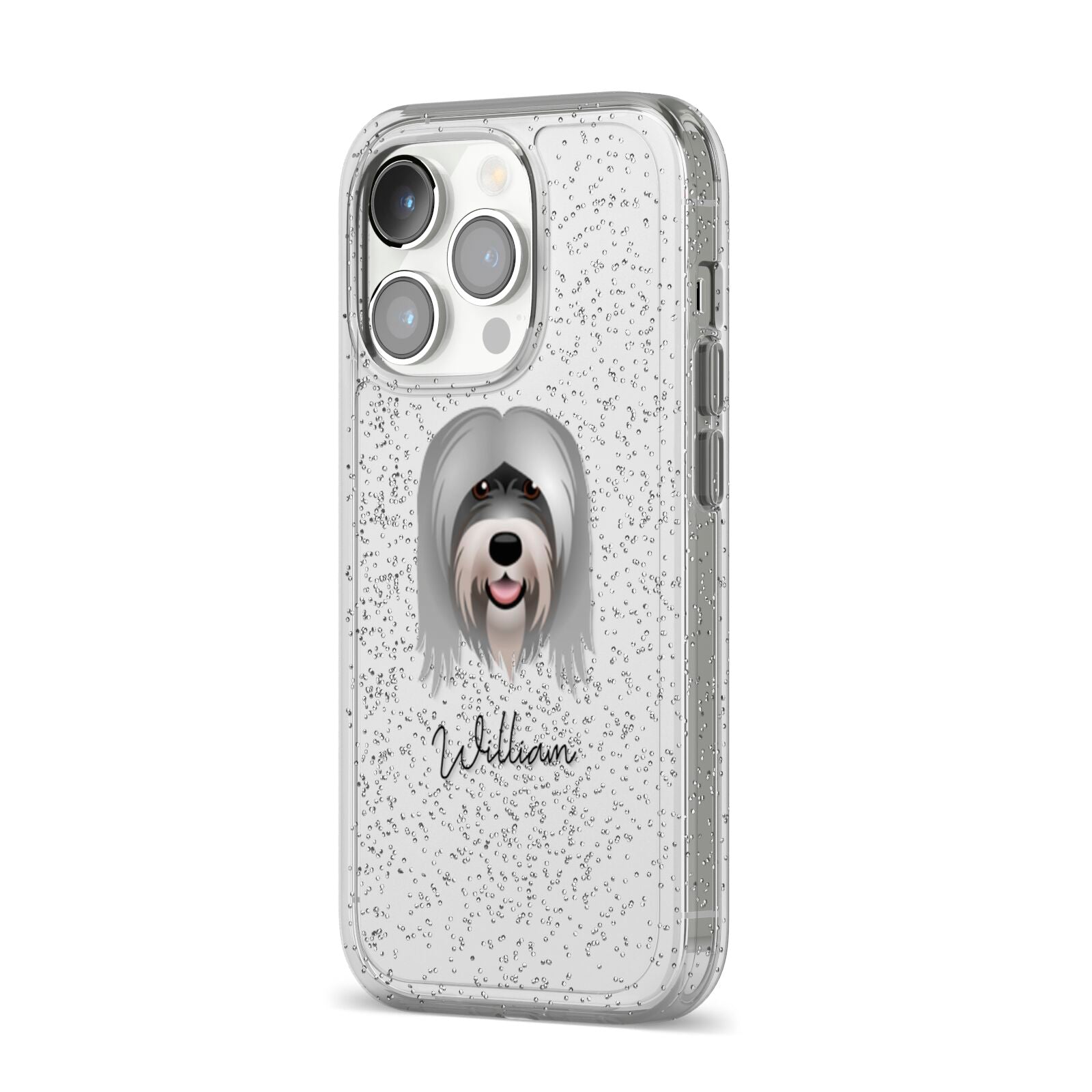 Tibetan Terrier Personalised iPhone 14 Pro Glitter Tough Case Silver Angled Image