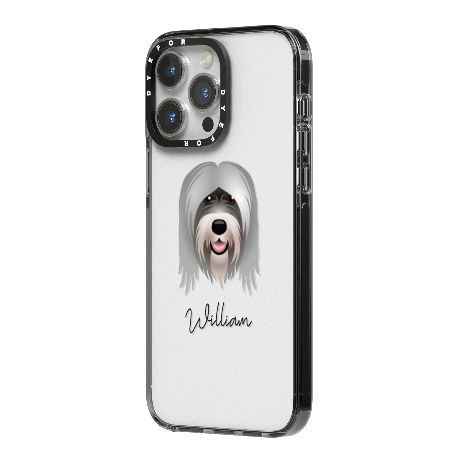 Tibetan Terrier Personalised iPhone 14 Pro Max Black Impact Case Side Angle on Silver phone