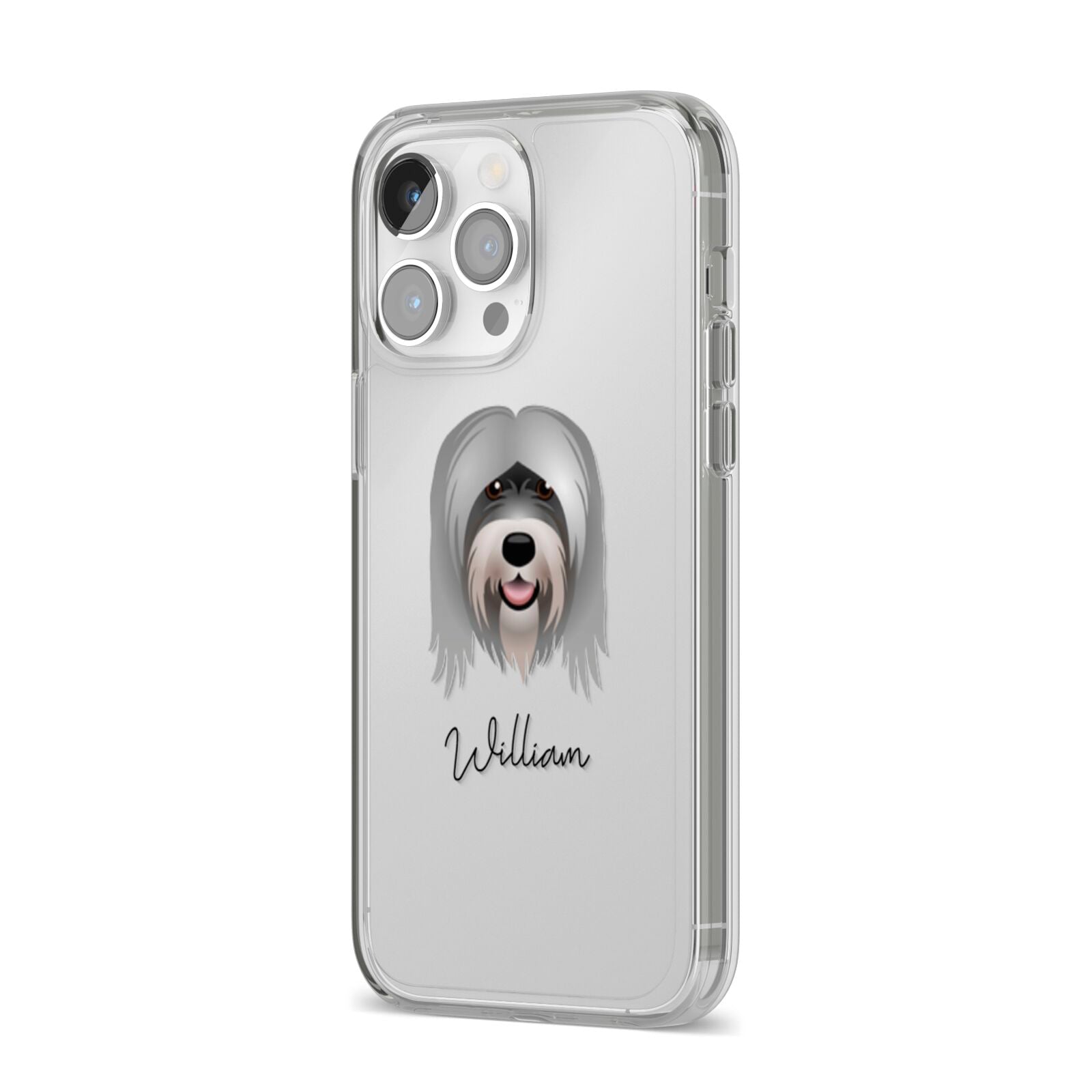 Tibetan Terrier Personalised iPhone 14 Pro Max Clear Tough Case Silver Angled Image