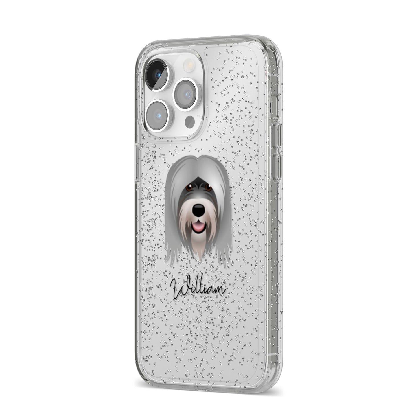 Tibetan Terrier Personalised iPhone 14 Pro Max Glitter Tough Case Silver Angled Image