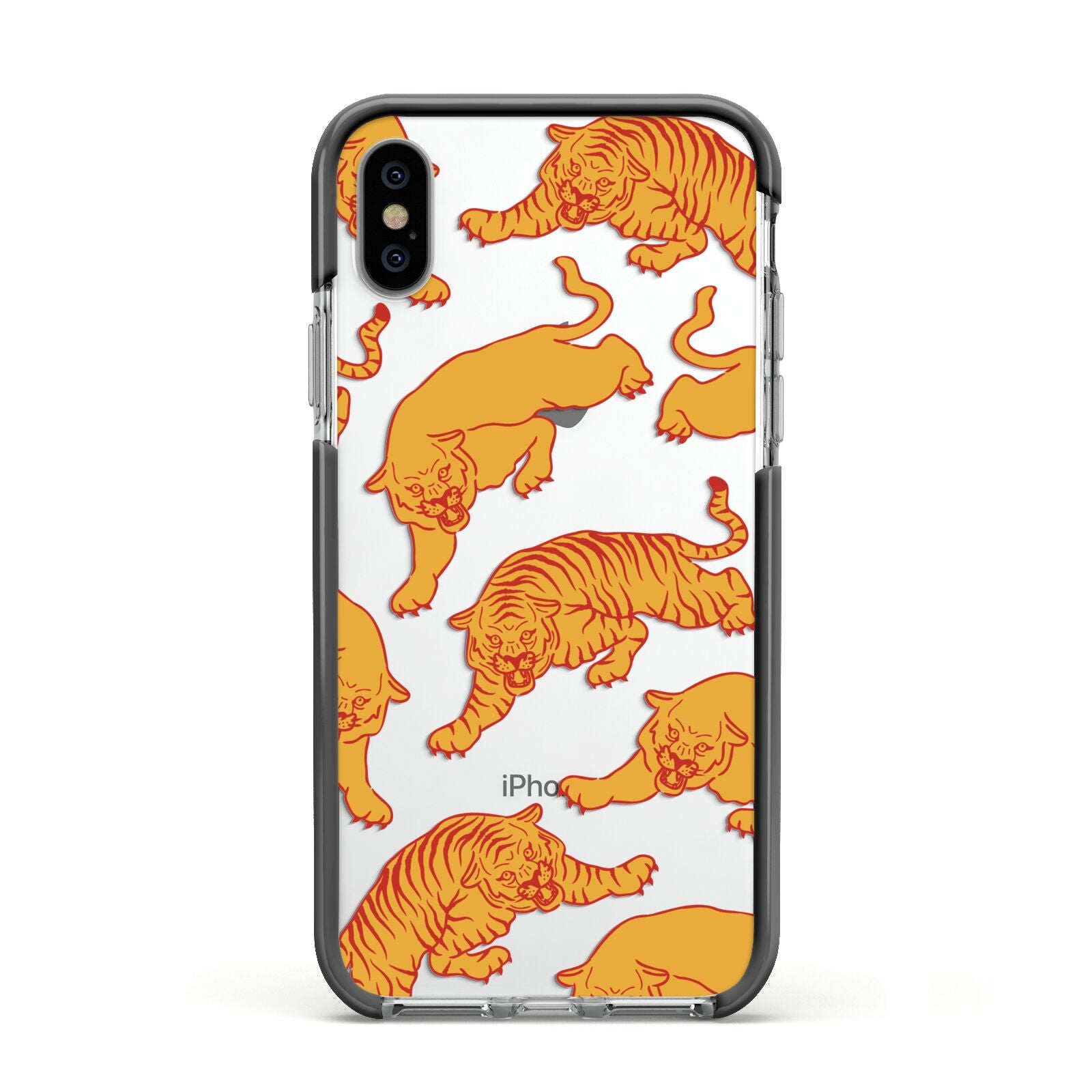 Tiger Apple iPhone Xs Impact Case Black Edge on Silver Phone