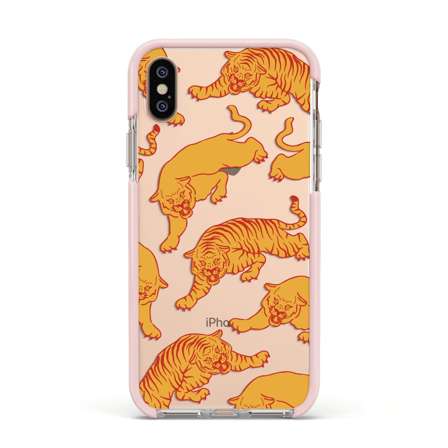 Tiger Apple iPhone Xs Impact Case Pink Edge on Gold Phone