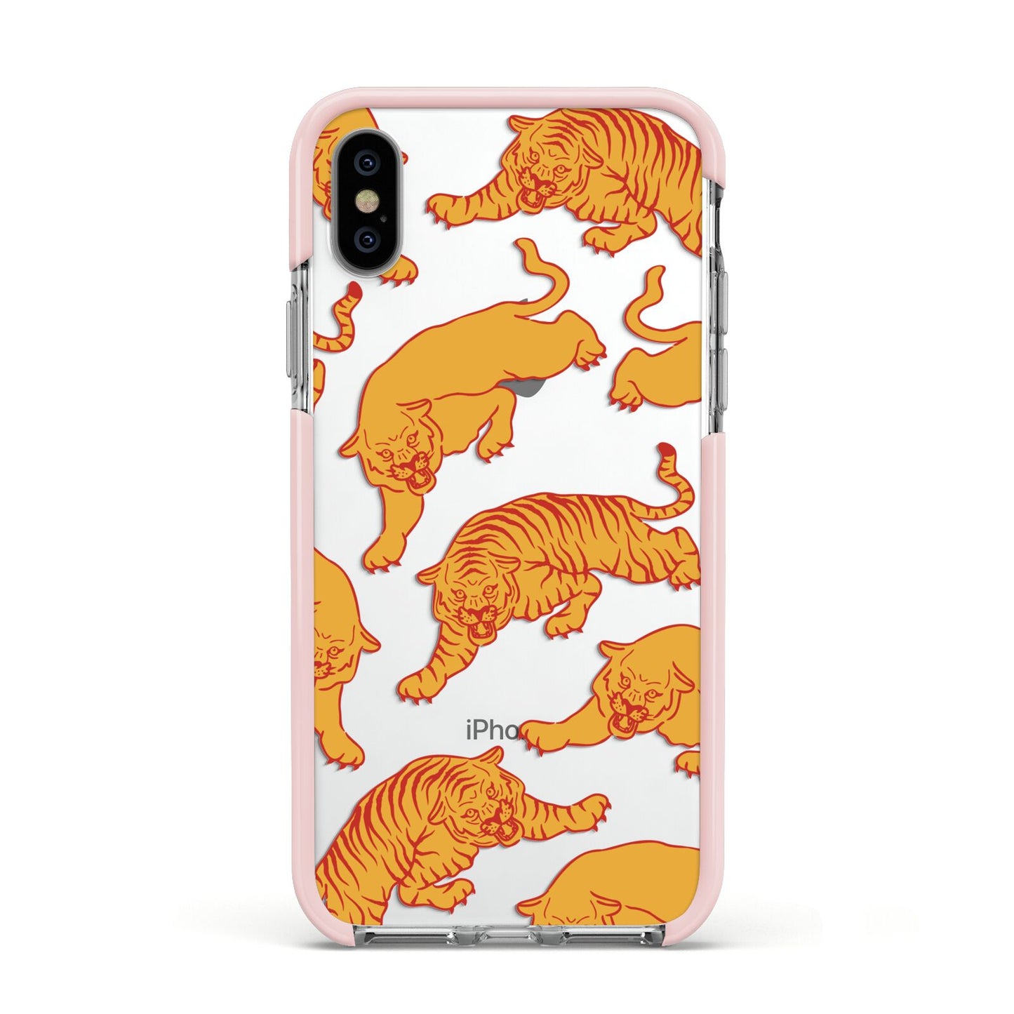 Tiger Apple iPhone Xs Impact Case Pink Edge on Silver Phone