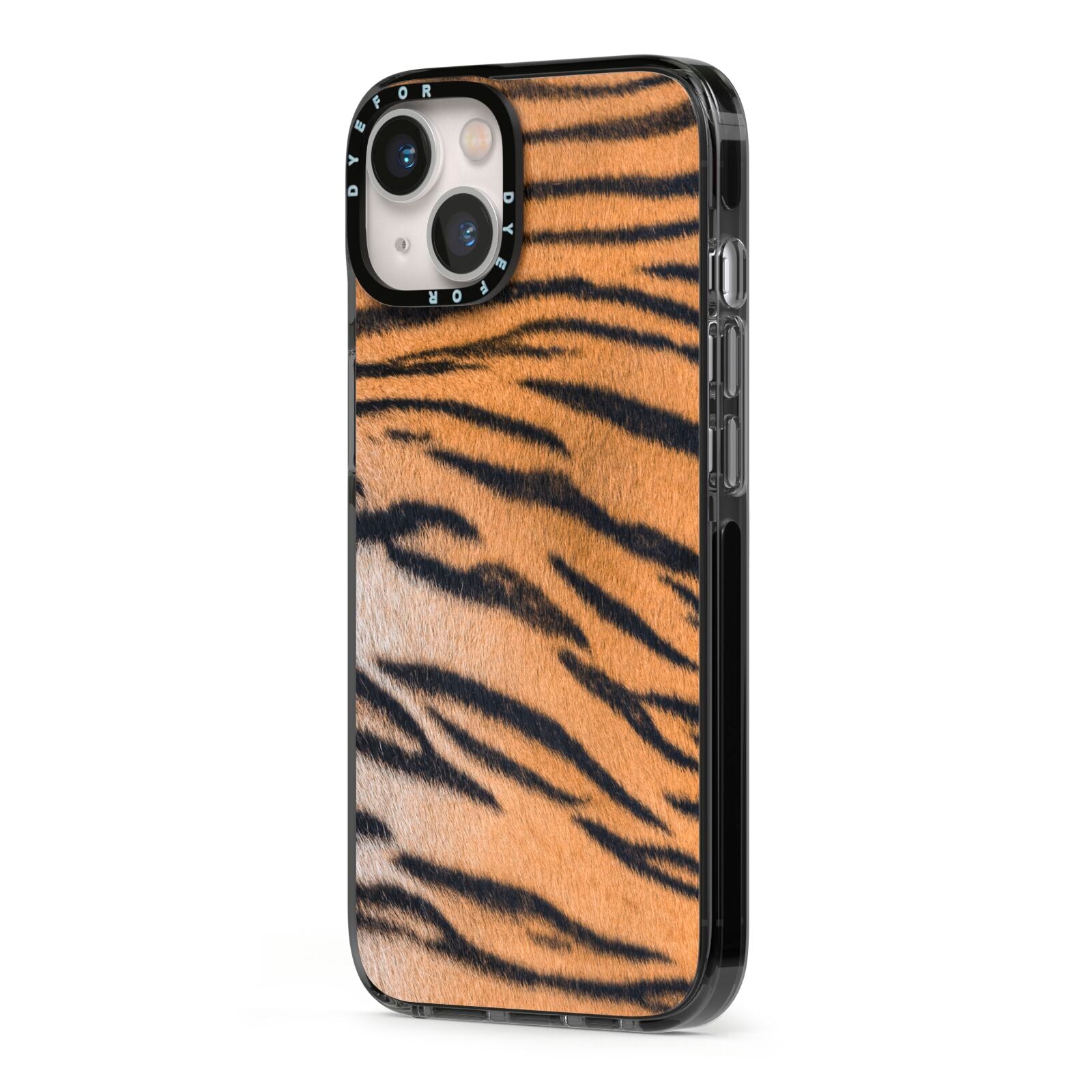 Tiger Print iPhone 13 Black Impact Case Side Angle on Silver phone