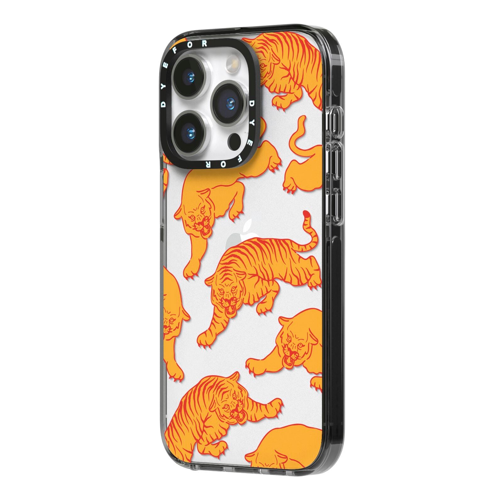 Tiger iPhone 14 Pro Black Impact Case Side Angle on Silver phone