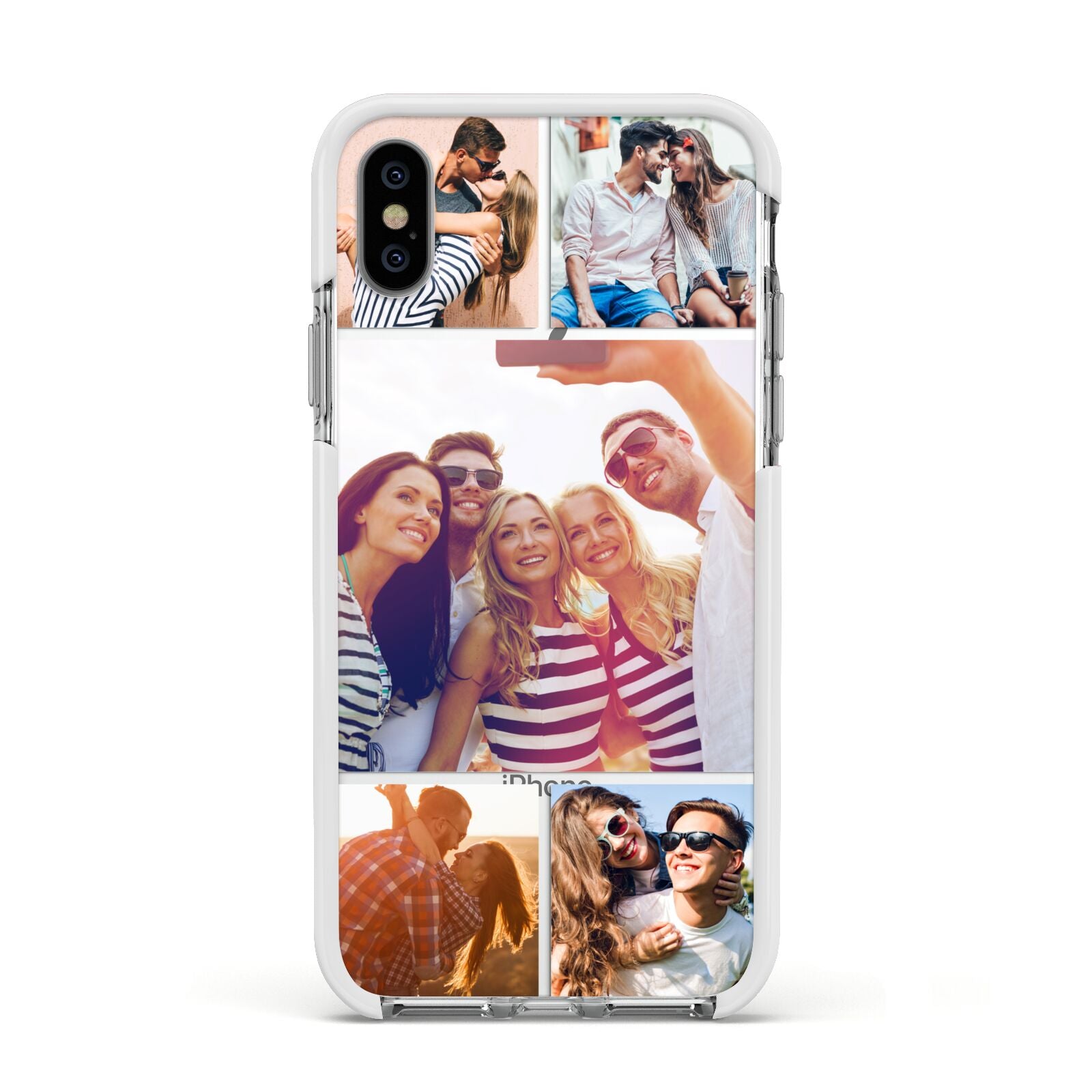 Tile Photo Collage Upload Apple iPhone Xs Impact Case White Edge on Silver Phone