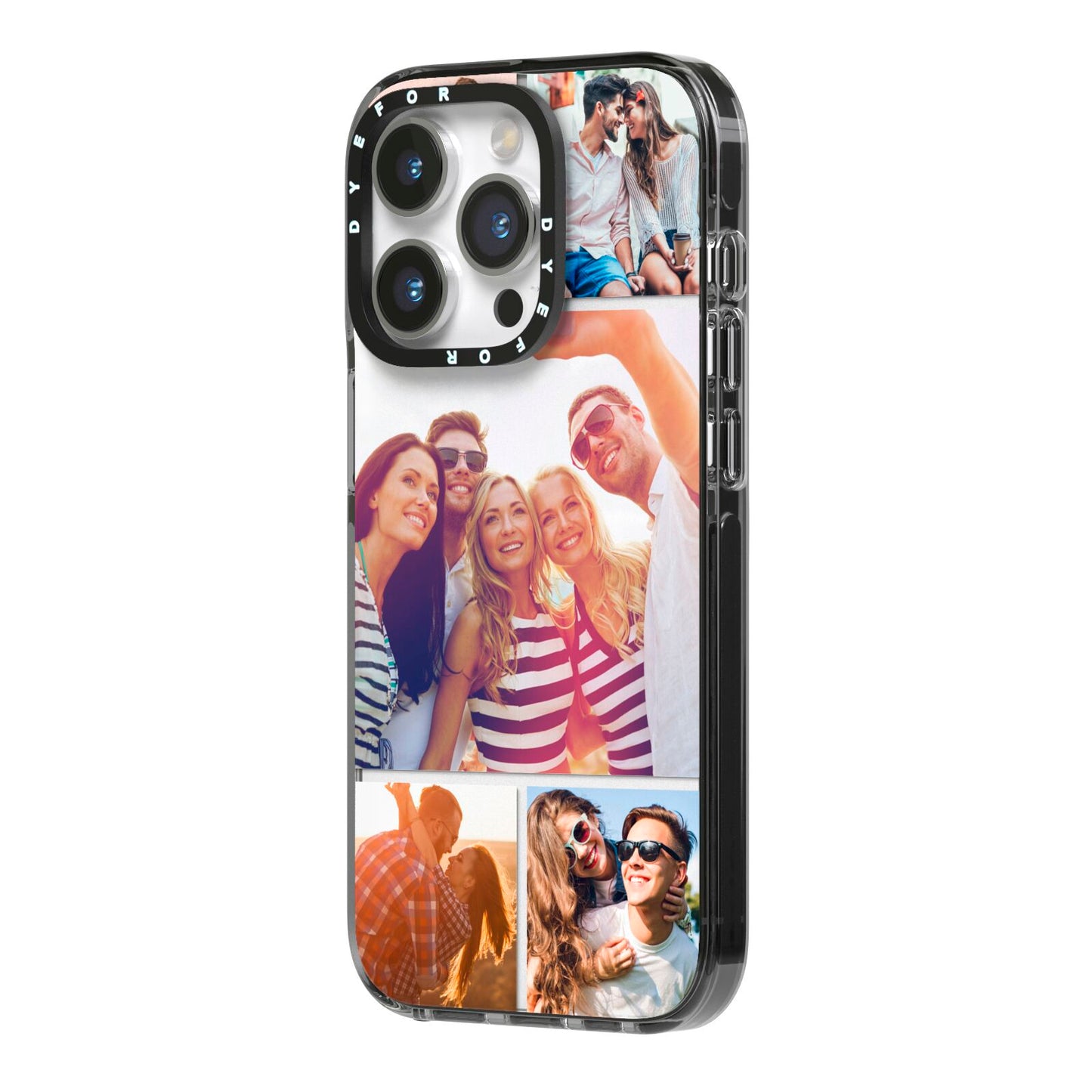 Tile Photo Collage Upload iPhone 14 Pro Black Impact Case Side Angle on Silver phone