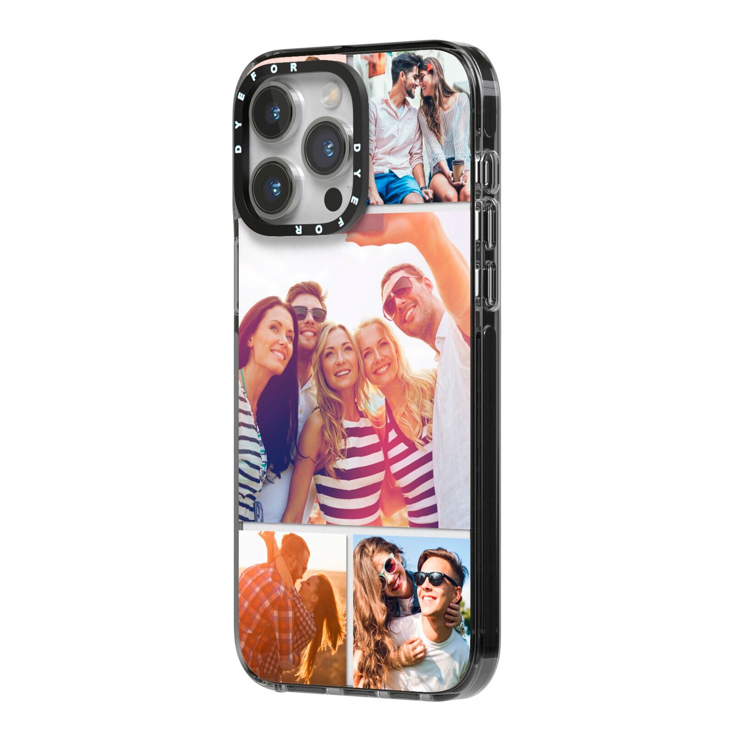 Tile Photo Collage Upload iPhone 14 Pro Max Black Impact Case Side Angle on Silver phone