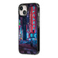 Tokyo Neon City iPhone 14 Black Impact Case Side Angle on Silver phone