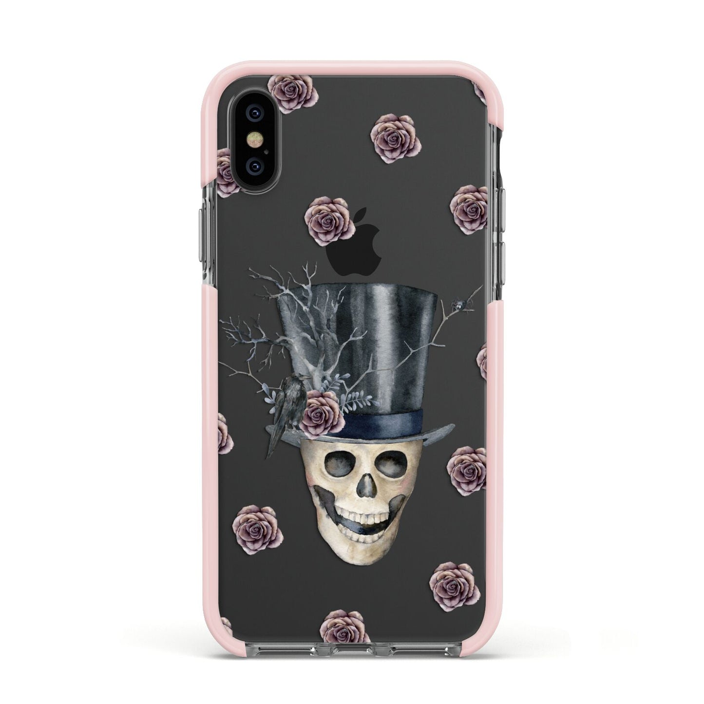 Top Hat Skull Apple iPhone Xs Impact Case Pink Edge on Black Phone