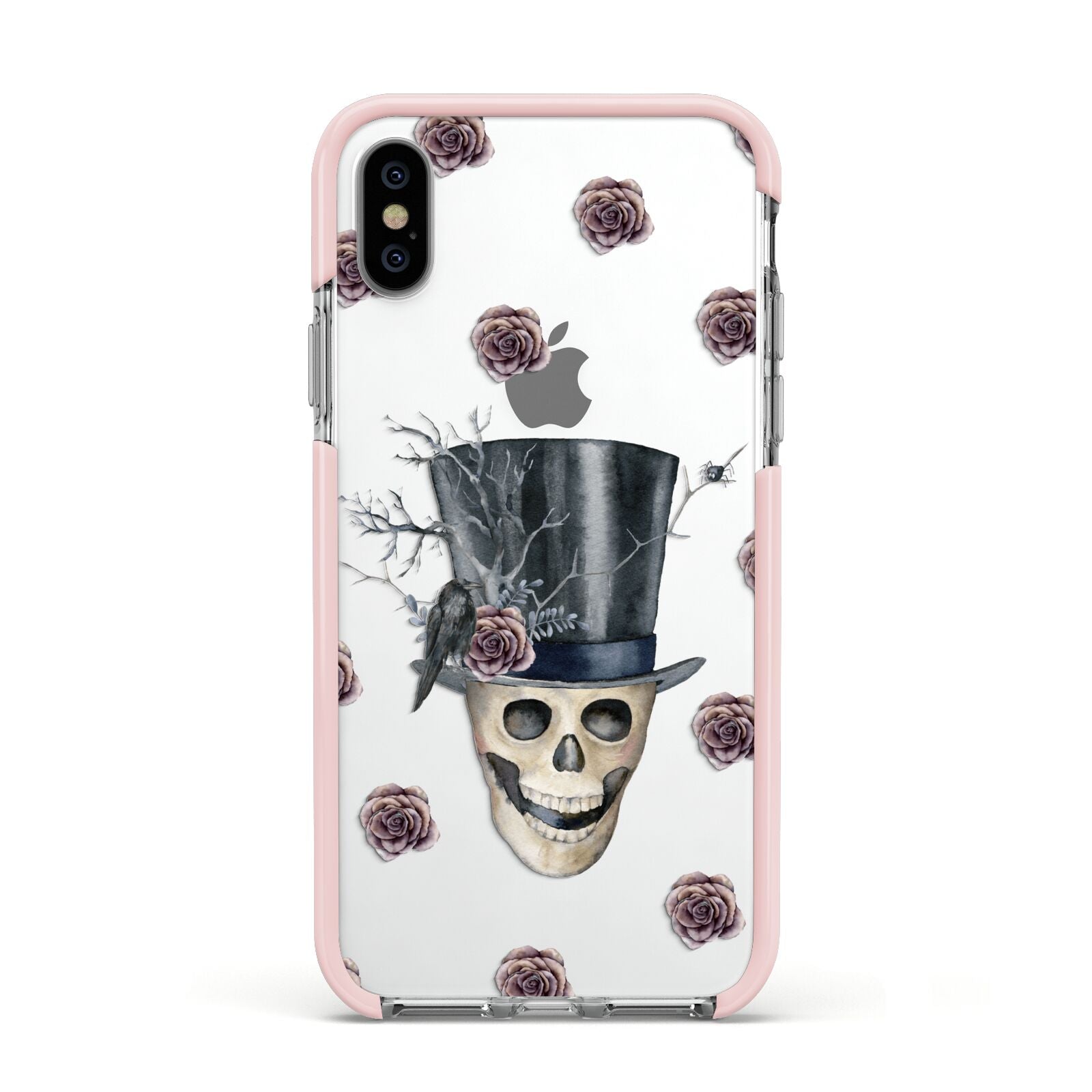 Top Hat Skull Apple iPhone Xs Impact Case Pink Edge on Silver Phone