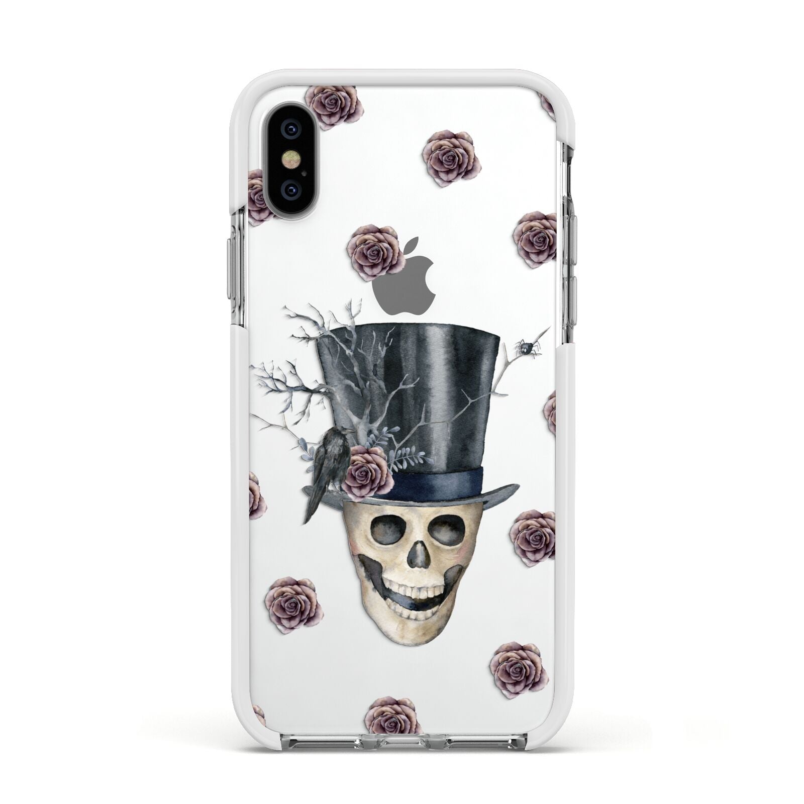 Top Hat Skull Apple iPhone Xs Impact Case White Edge on Silver Phone