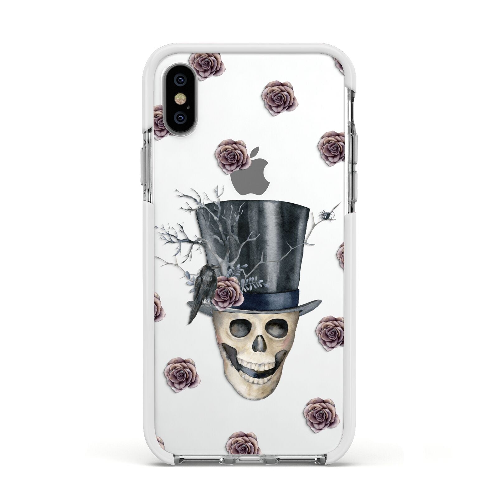 Top Hat Skull Apple iPhone Xs Impact Case White Edge on Silver Phone